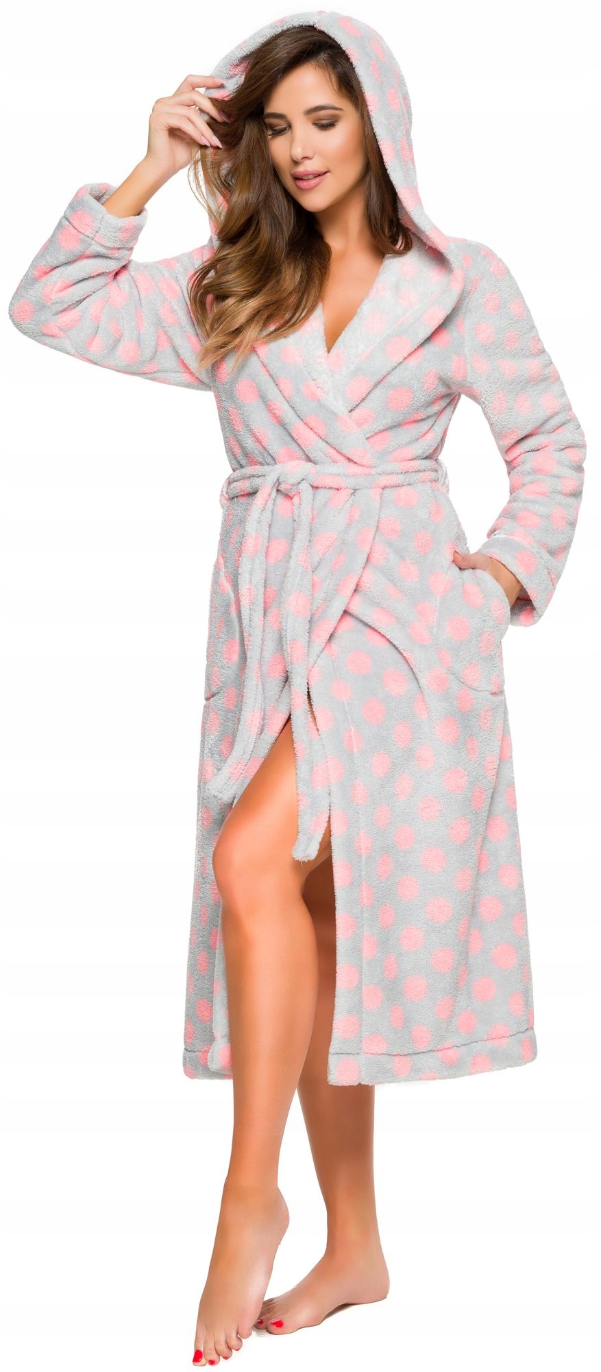 DŁUGI CIEPŁY PUCHOWY DAMSKI SZLAFROK PODOMKA L Kaptur z kapturem