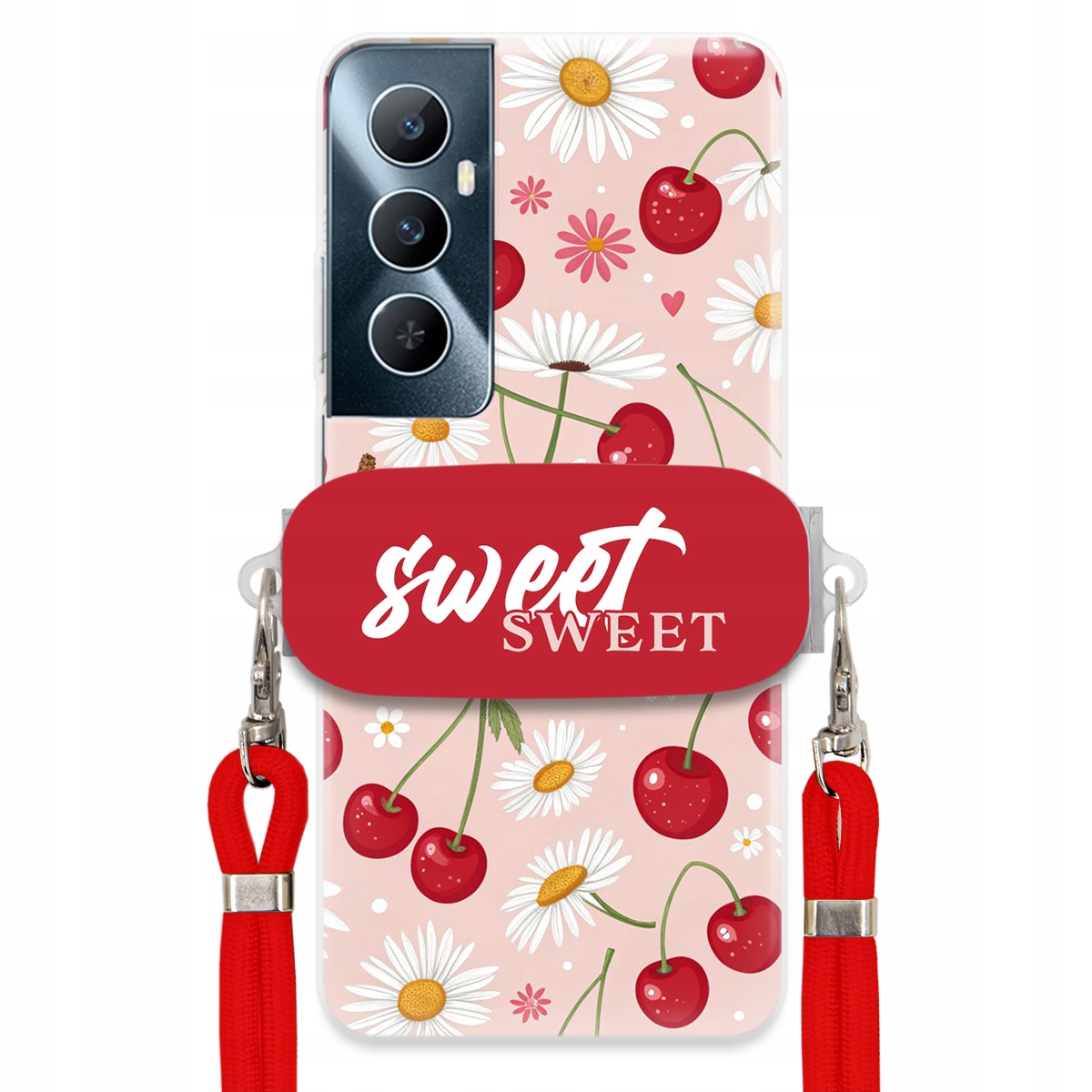 Puzdro pre Realme C65 4G Červené vodítko Crossbody držiak Sweet Kvet čerešne