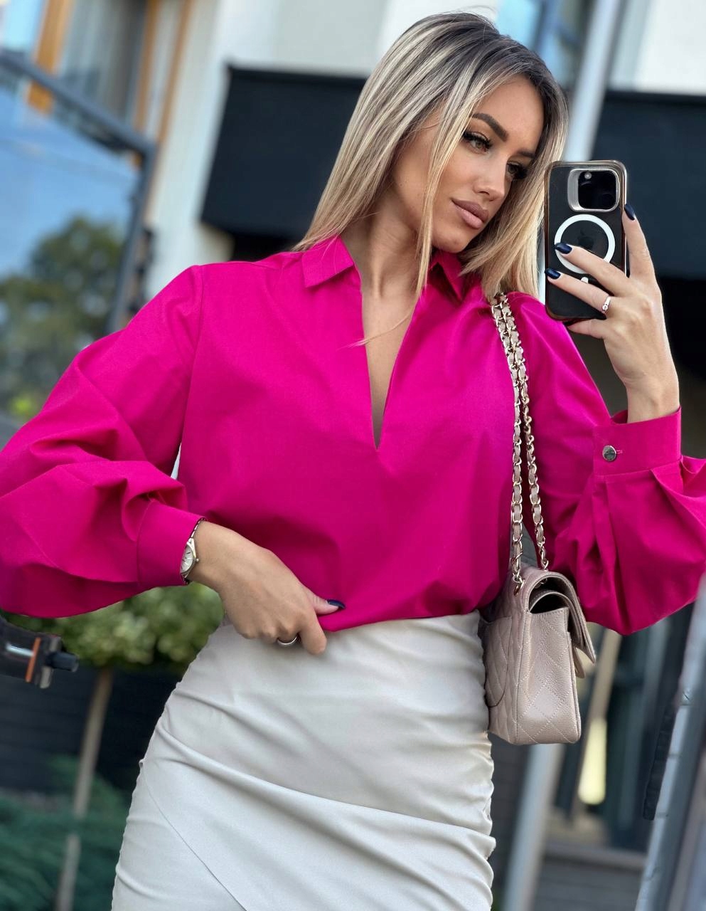 Elegantní dámská košile s bufiastými rukávy Stylová fuchsiová M