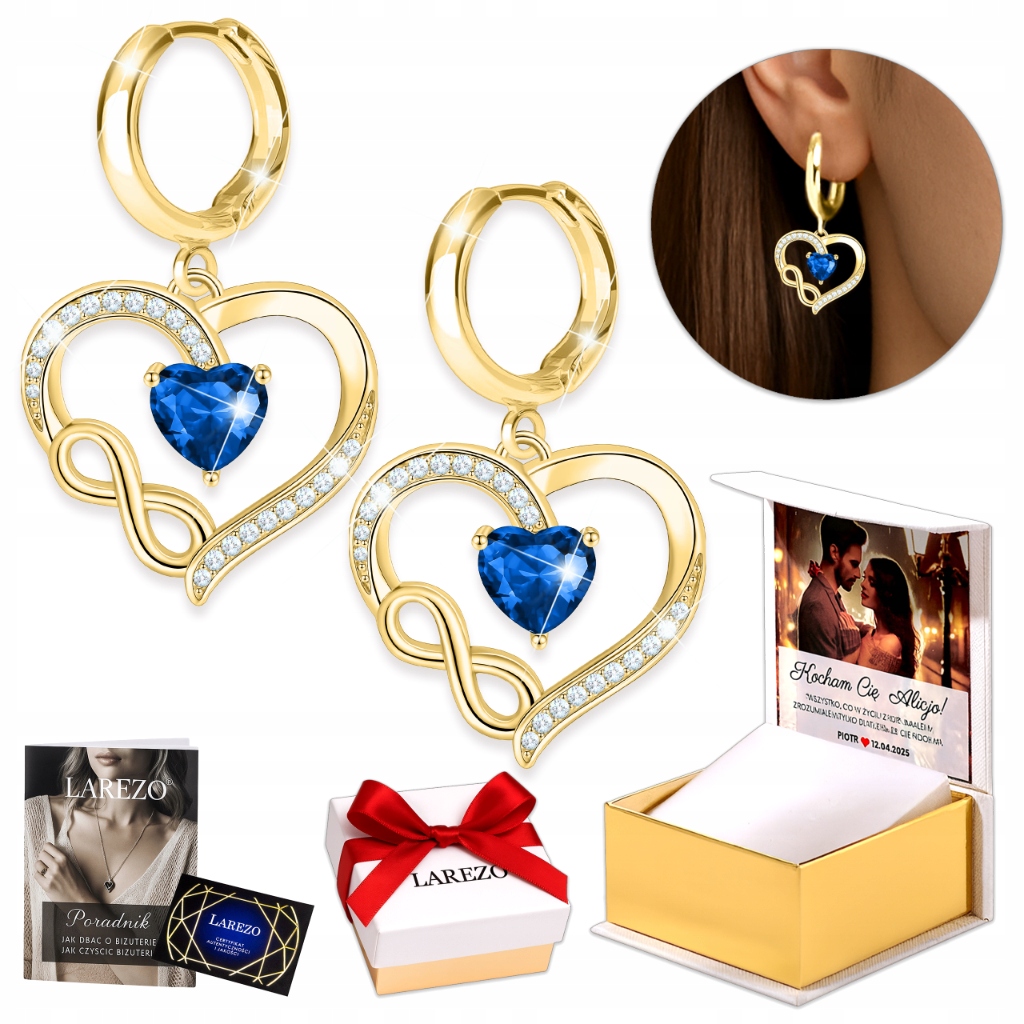 Zlaté náušnice 925 s dvojitým Náušnice pro ženy, visící v modré barvě, Srdíčka lásky