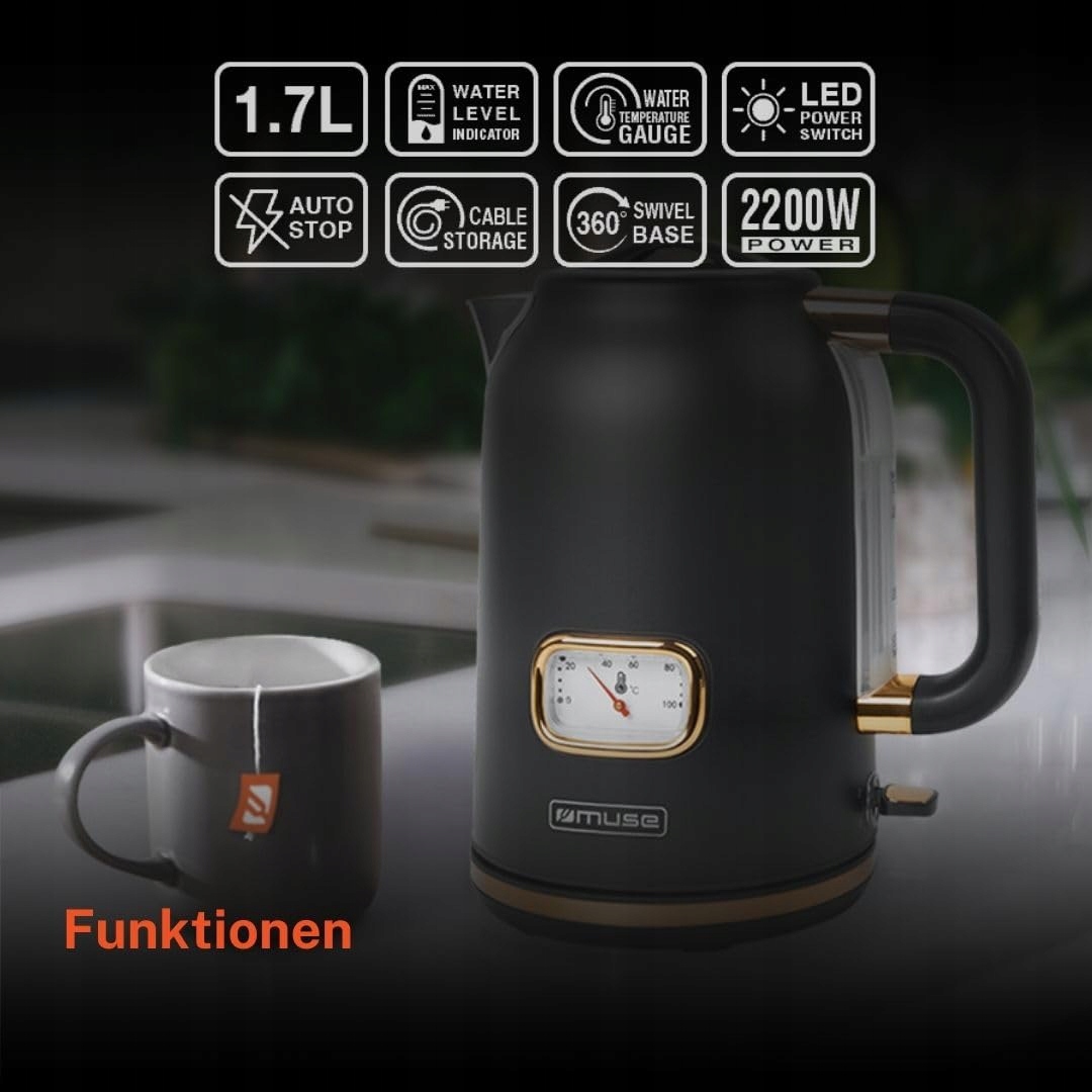 MUSE Retro Czajnik Elektryczny Stalowy 1,7L Analogowy Termometr Filtr Czarn — miniatura 6