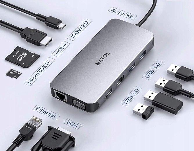 HUB USB-C 11v1 HDMI 4K VGA SD 100W PD RJ45 Audio za 523 Kč - Allegro