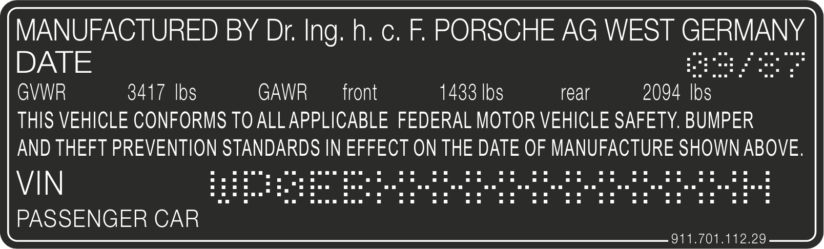 Typový štítek náhradní Porsche 911 Usa na míru prémiového gravírování Vin