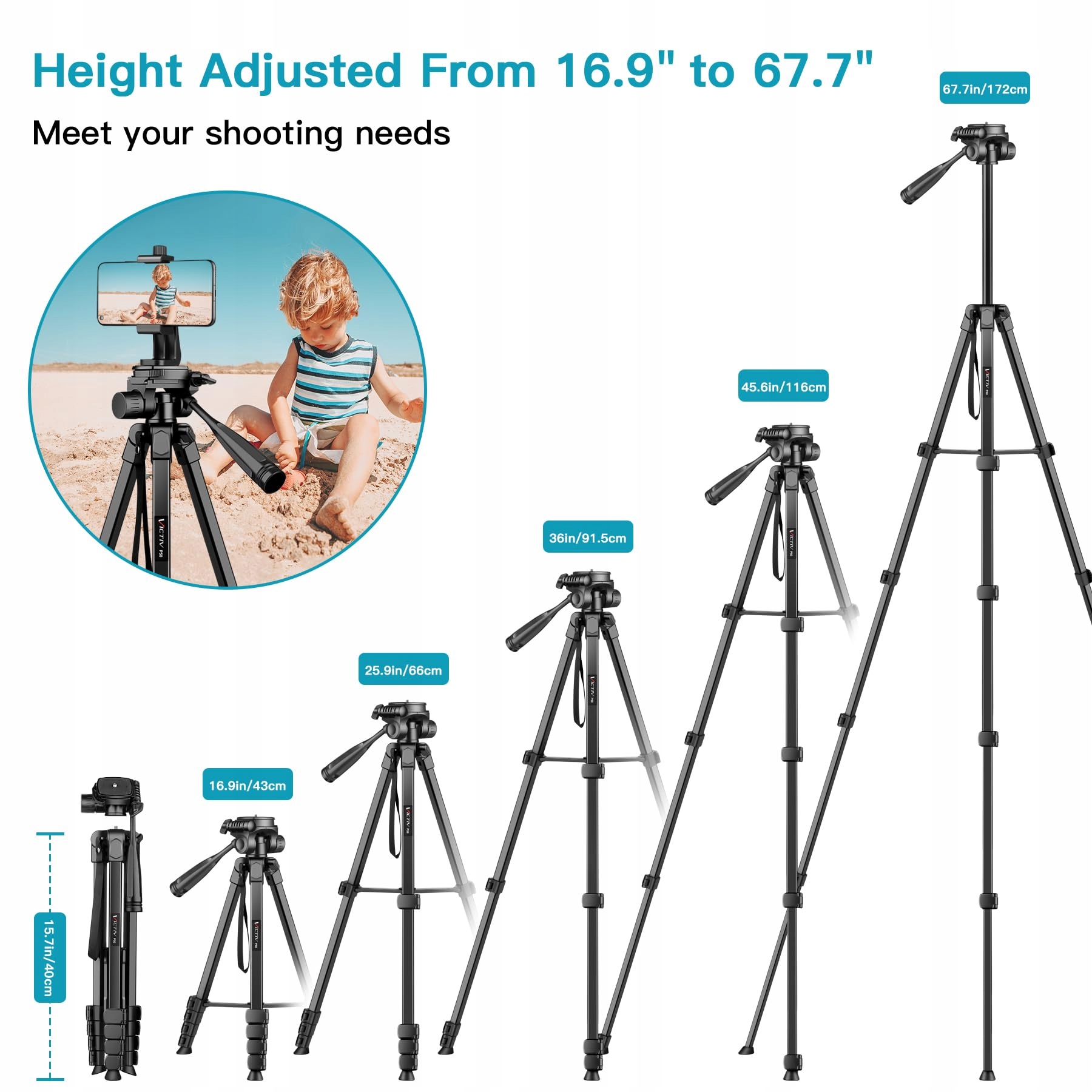 VICTIV Statyw Kamera Telefon 172cm Aluminiowy Tripod DSLR iPhone Sony — miniatura 2