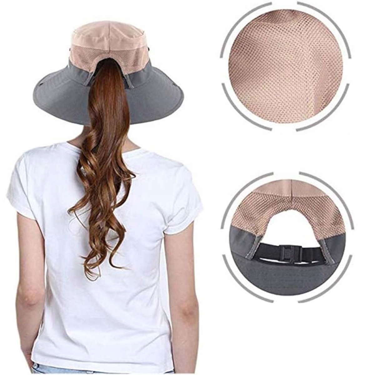 KAPELUSZ DAMSKI PRZECIWSŁONECZNY UV Z MIEJSCEM NA KITKĘ KUCYK Materiał dominujący akryl