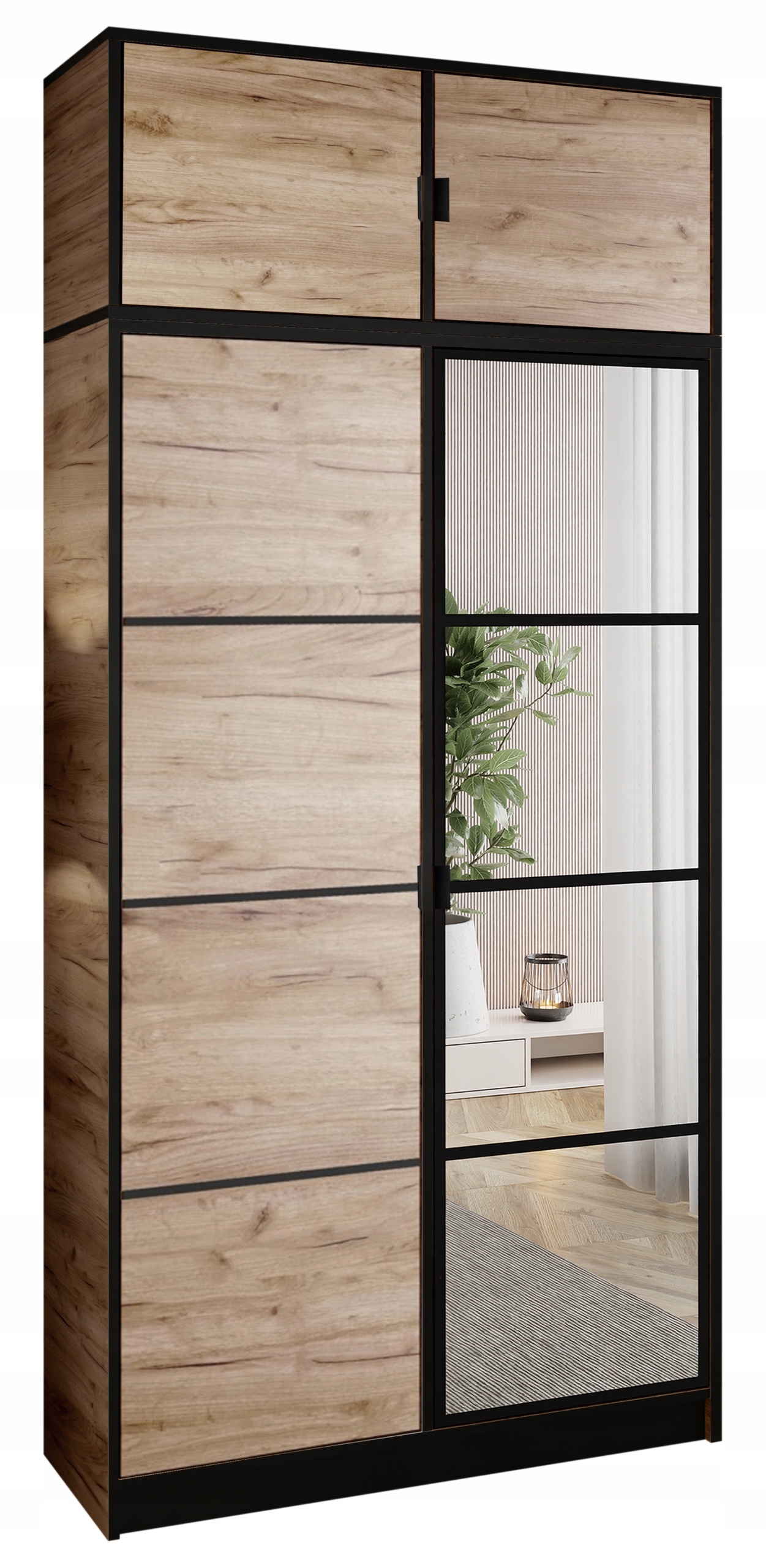 Skříň Lumi 105 2D Dub c. se zrcadlem eden, vzor 2 uchyt., část nadst.