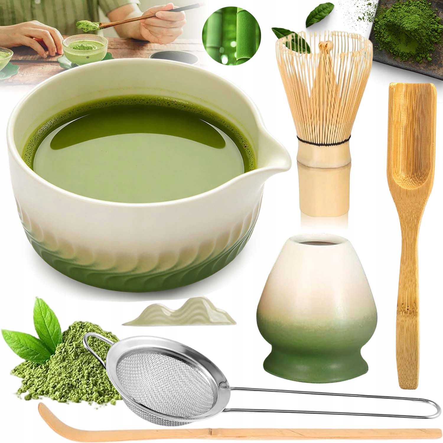 Levně Dárková Sada Na Čaj Matcha Šálek Metla Bambusoey Gradient 7V1