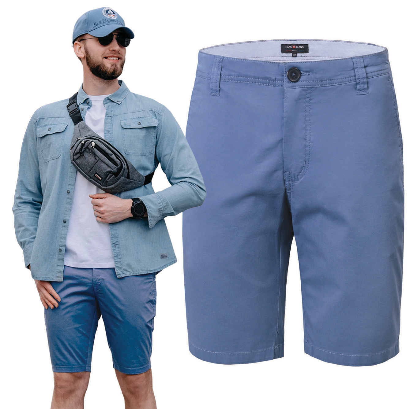 Elegantní Kraťasy Chino Pánské šortky Ralph Modré 34 Pako Jeans