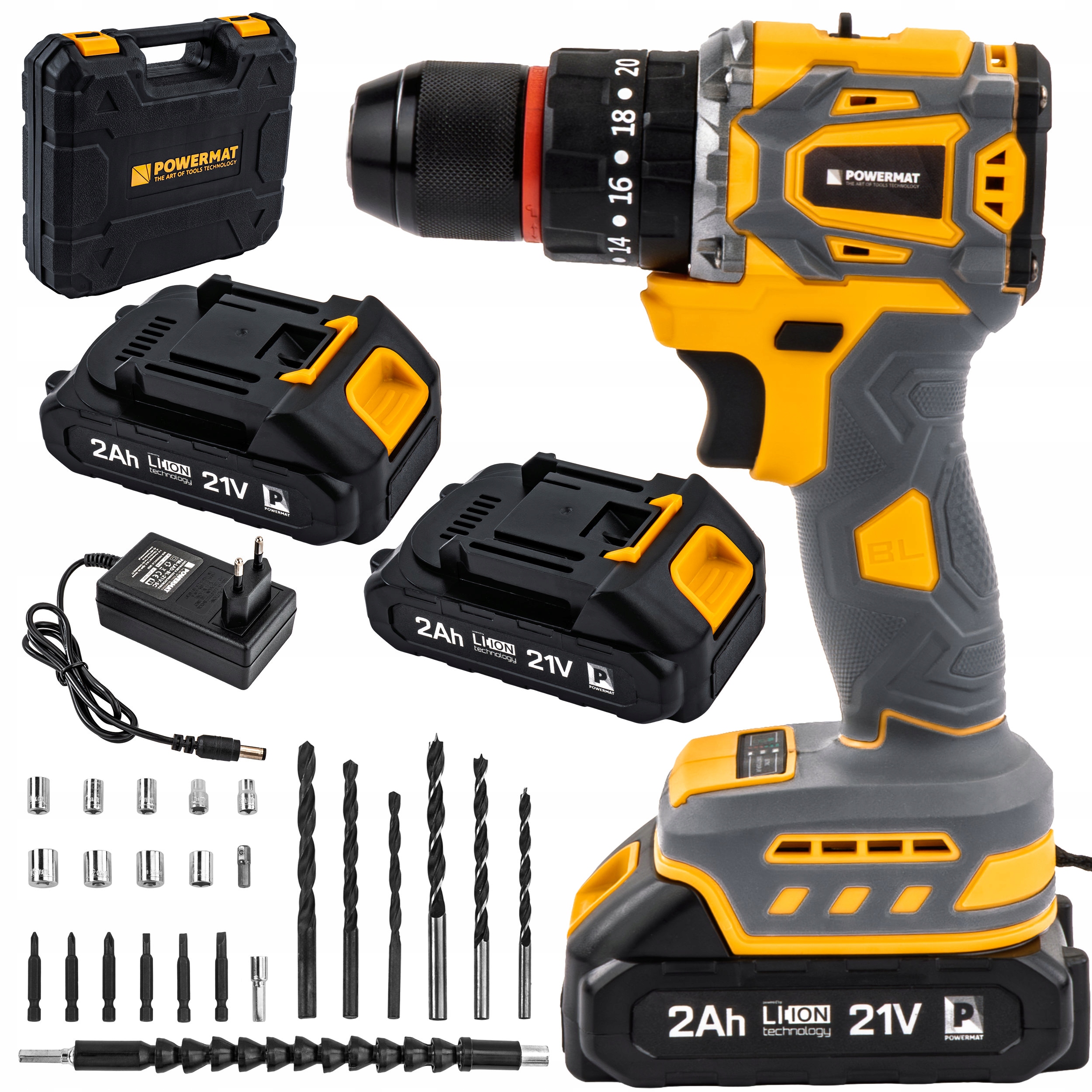 Wiertarko Wkrętarka Akumulatorowa Bezszczotkowa Udarowa 21V Led 2xAKU Bity