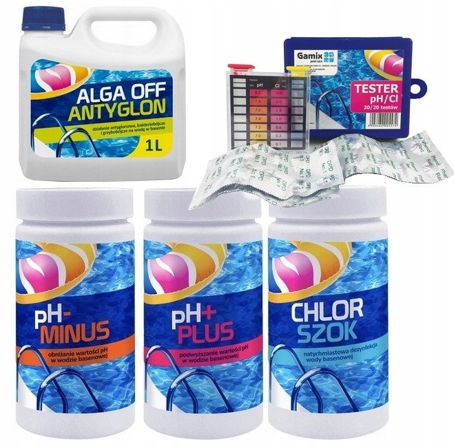 Zestaw Chemia do Basenu Wody Jacuzi Chlor Szok AntyGlon pH Tester Gamix 5w1