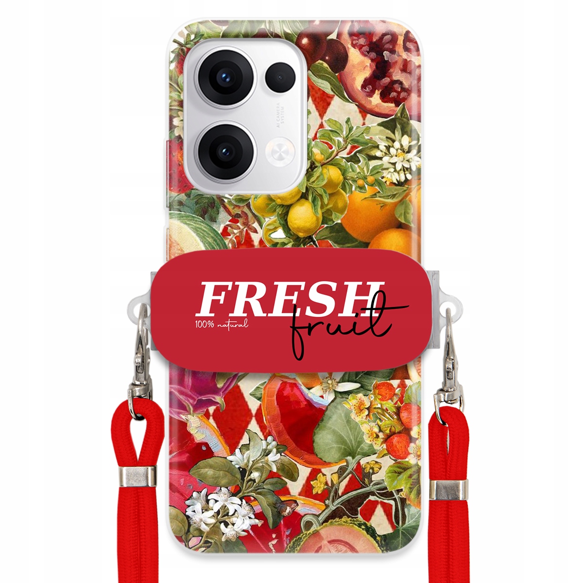 Puzdro pre Oppo Reno 13 5G Červené Crossbody vodítko držiak Fresh Fruit Ovocie