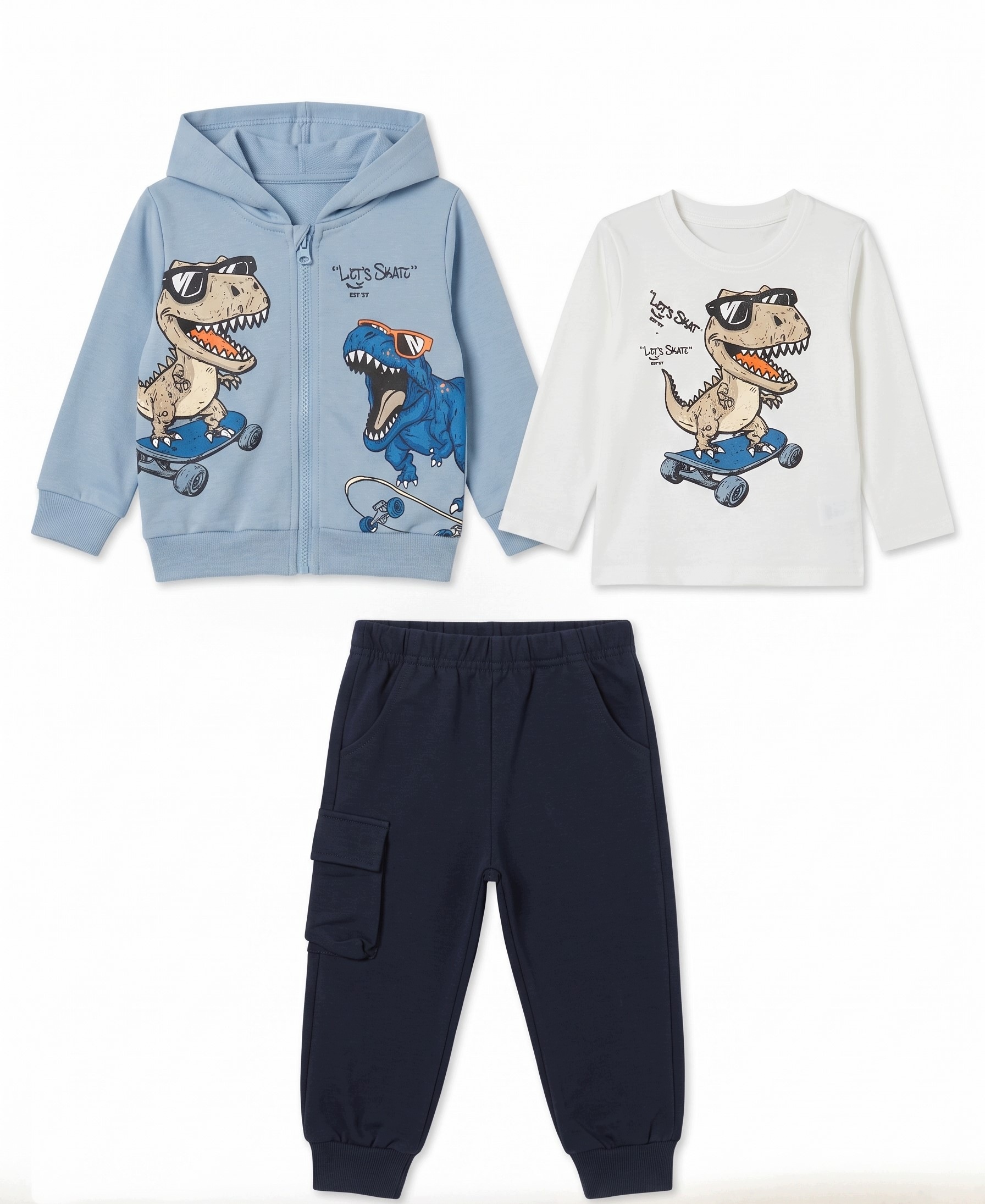 Dres chłopięcy 110 3 częściowy bluza kaptur spodnie t-shirt dinozaur 5 lat
