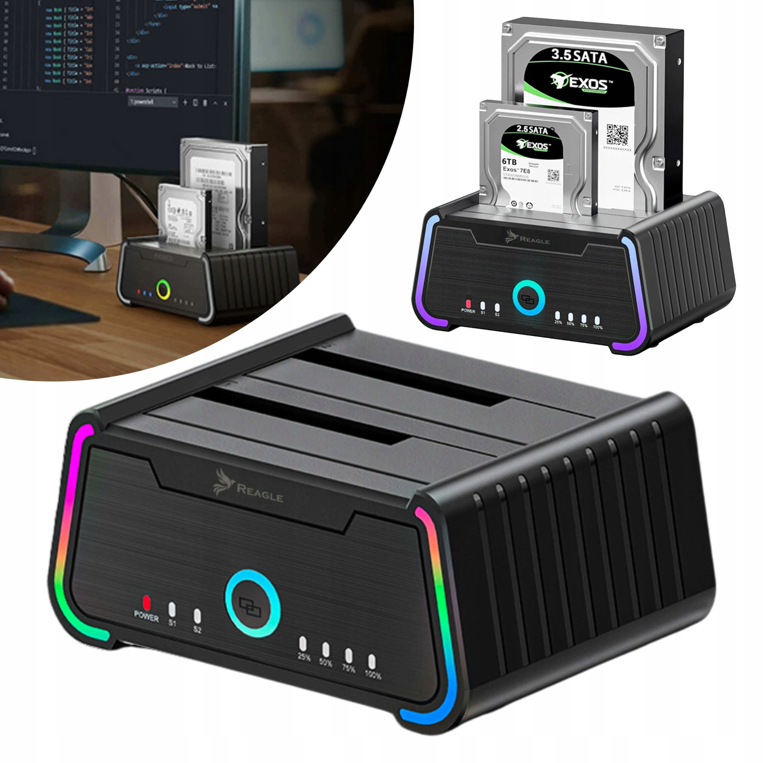 Reagle Dokovací stanice pro klonování disků 2,5", 3,5" Sata 2x Hdd Ssd 2x 22TB