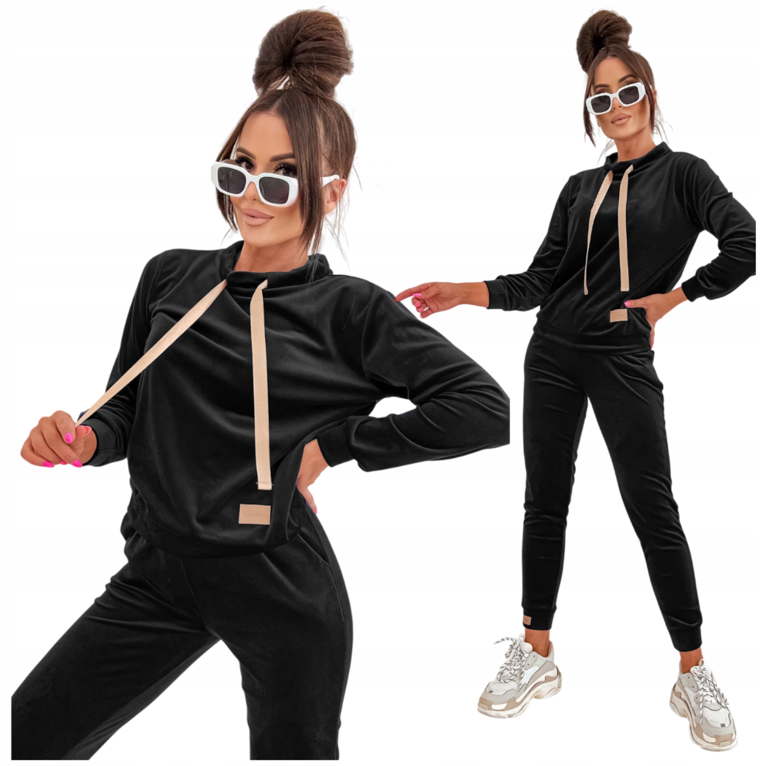 Dres Welurowy Damski Komplet Premium Bluza Spodnie Wysoki Stan Czarny M