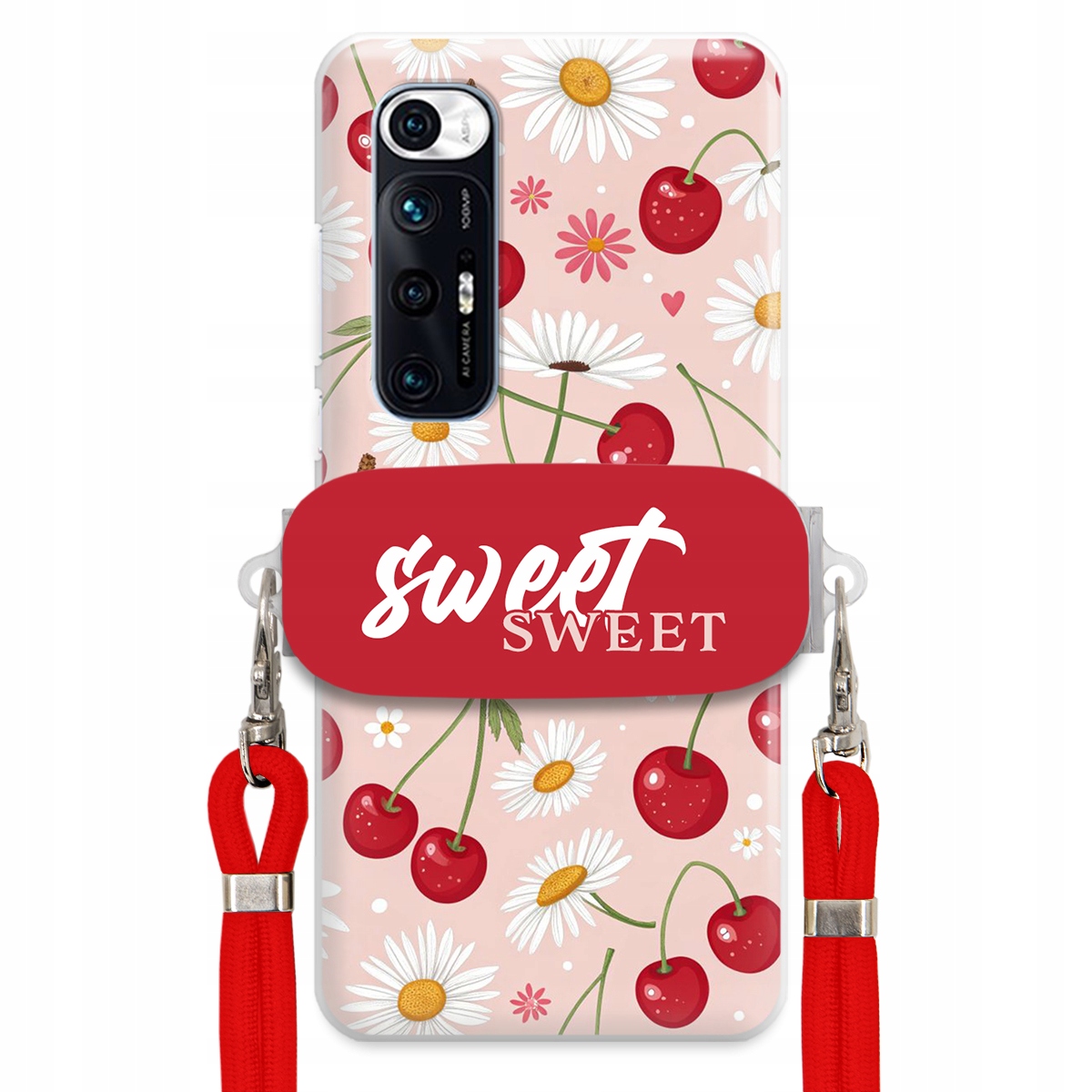 Puzdro pre Xiaomi Mi 10s Červené vodítko Crossbody držiak Sweet Kvet čerešne
