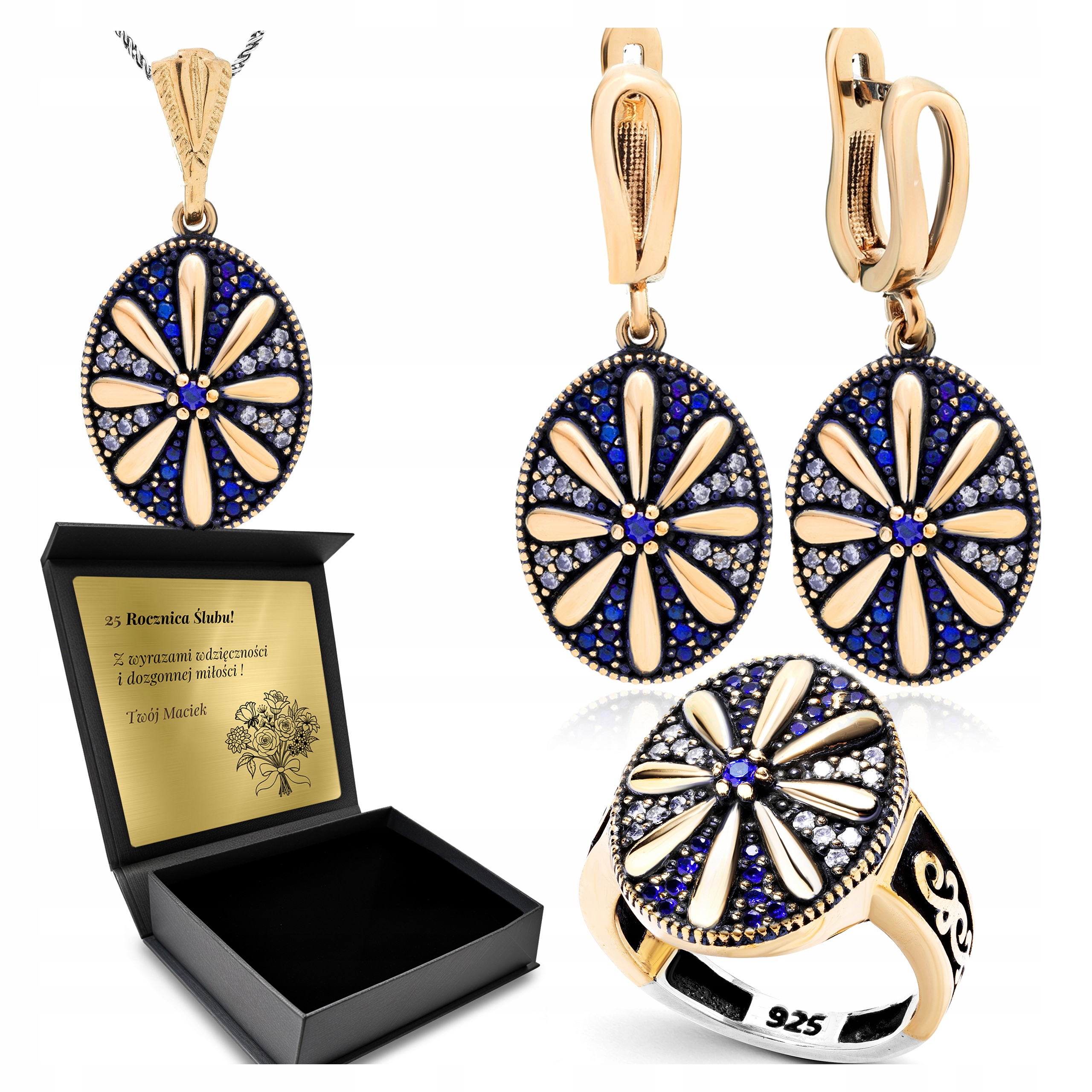 Komplet Stříbrných Šperků 925 Zirkony Dárek Den žen Květina Gravírování