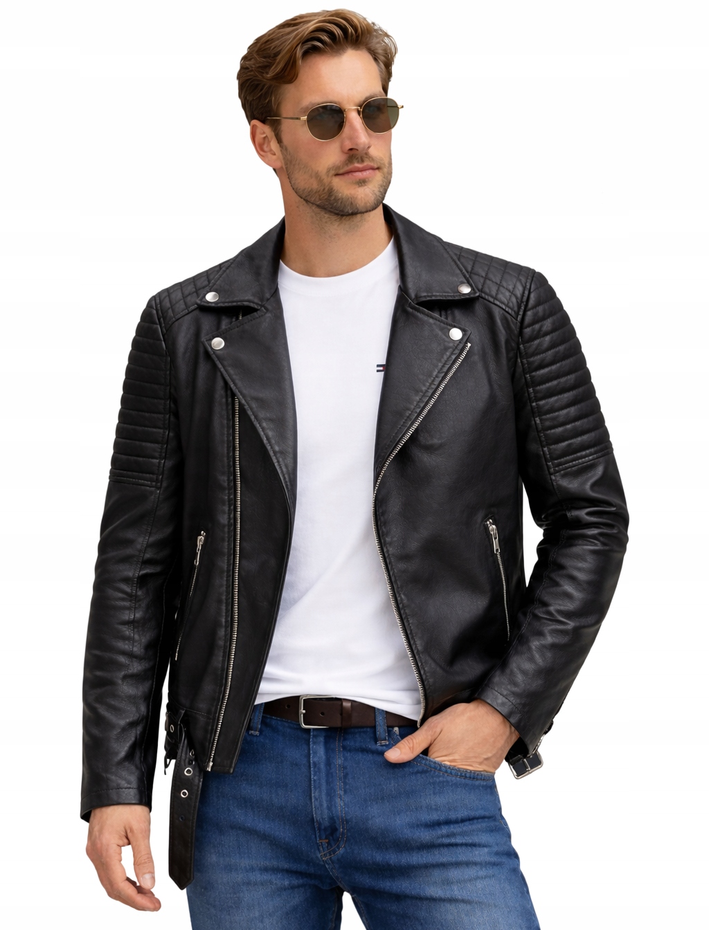 J.style Kurtka Skórzana Męska czarna przejściowa wiosenna ramoneska biker