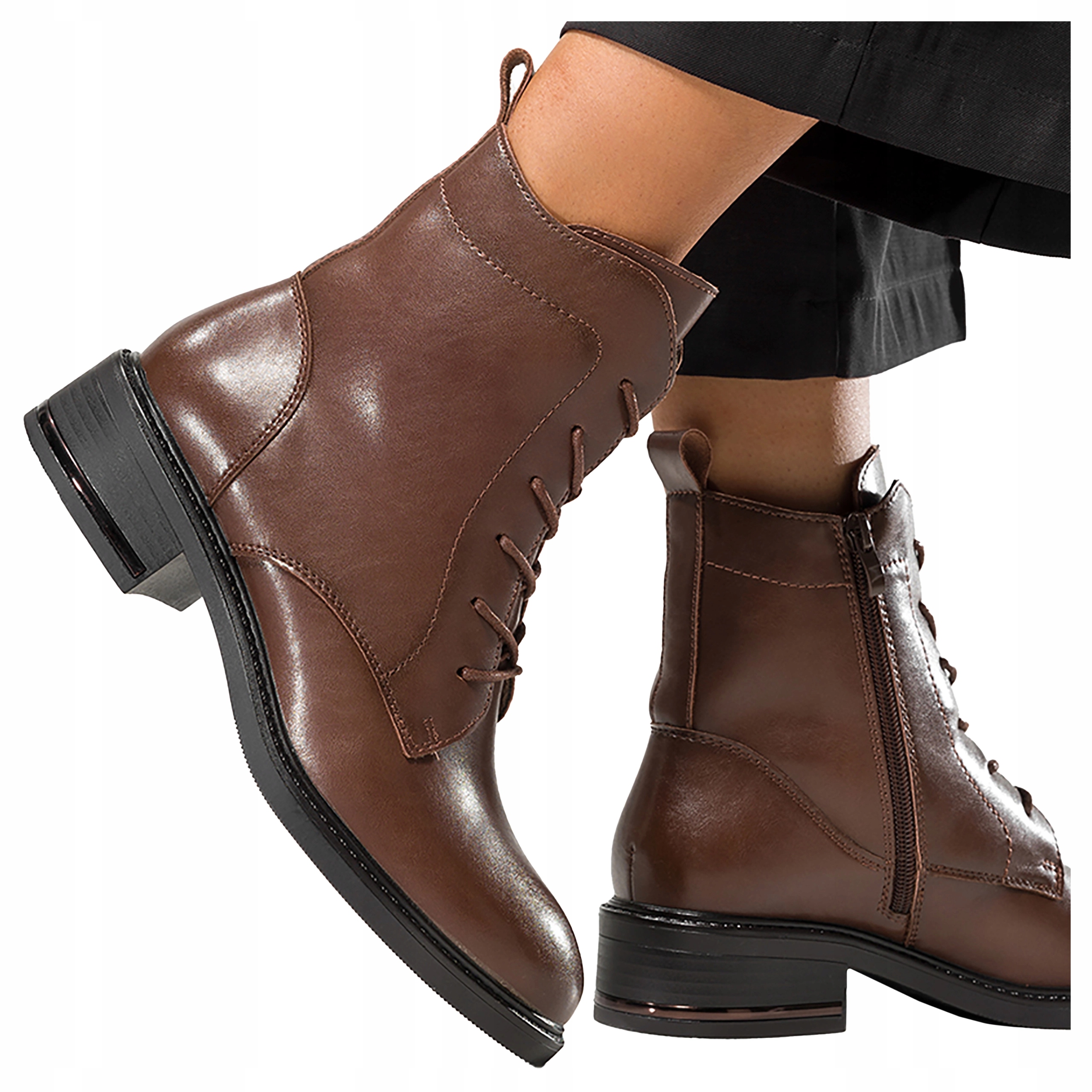 Kožené dámské kotníkové boty Hnědé Boty Šněrovací Pohodlné Klasické vel. 36