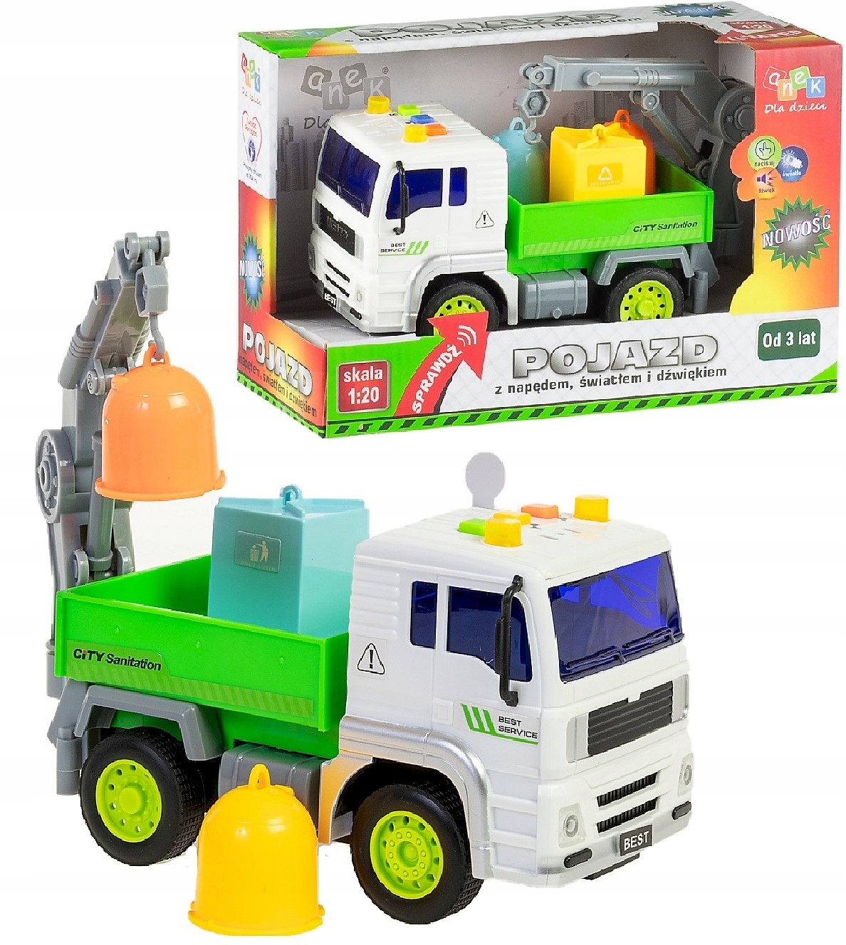 

Ciężarówka Auto Śmieciarka Kosze Dźwięk 1:20