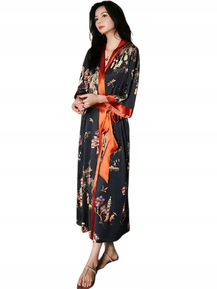 Tenký Dlouhý Župan Volné Kimono Prodyšný Černý Župan Japonský Vzor