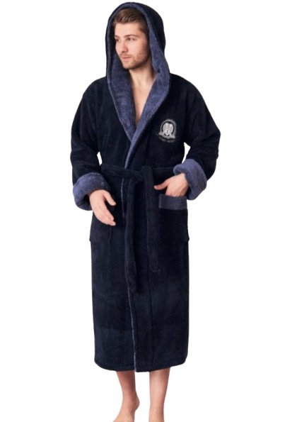 Velký, Teplý Tmavě Modrý Pánský Župan S Kapuce L
