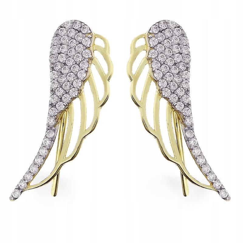 náušnice zlaté pro ženu 585, módní ažurová křídla se zirkony, 2.11 g
