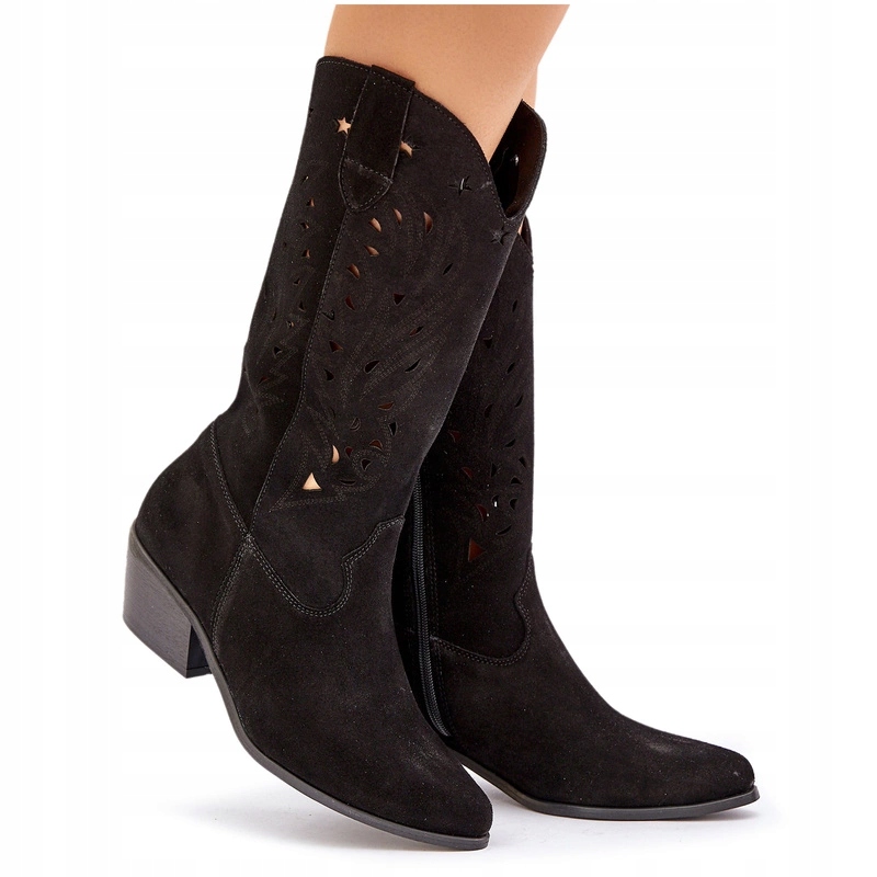 Ažurové Kozačky Přírodní Semišový Podpatek Na Zip Zazoo 3609 Černé 40