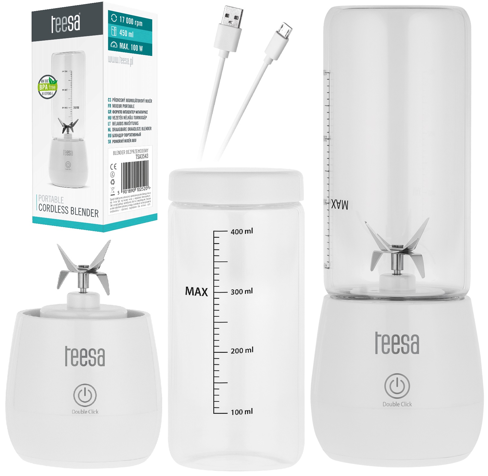 BLENDER PERSONALNY TEESA WHITE MAŁY PRZENOŚNY NA USB AKUMULATOR 100W