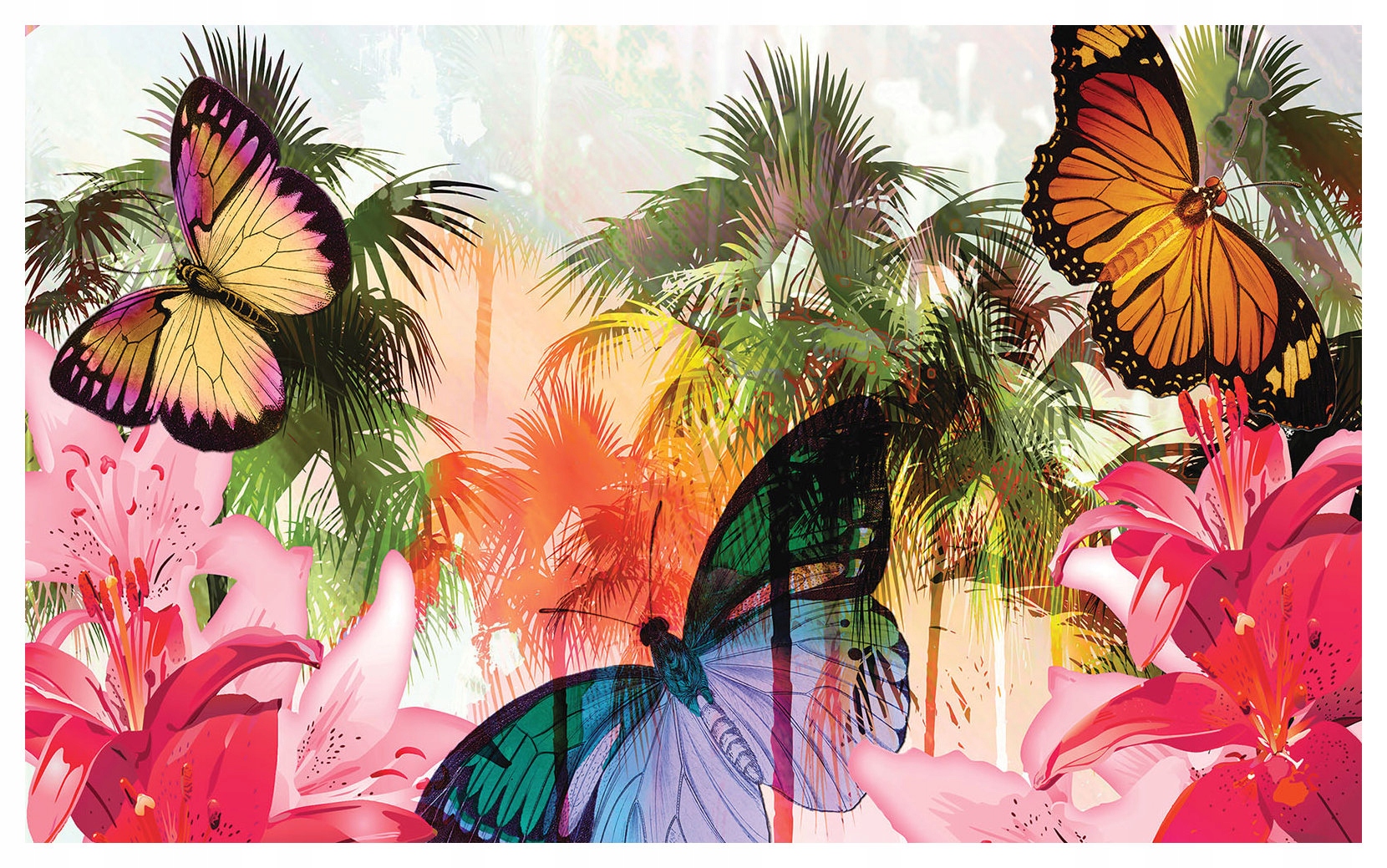 Fototapeta Lilie Motýli Palmy Západ slunce Exotika 312x219 lepidlo