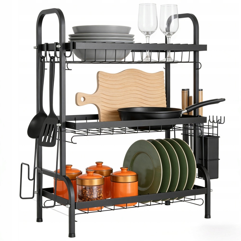 Tříúrovňový odkapávač na nádobí stojící, velký, černý, odkapávač na talíře