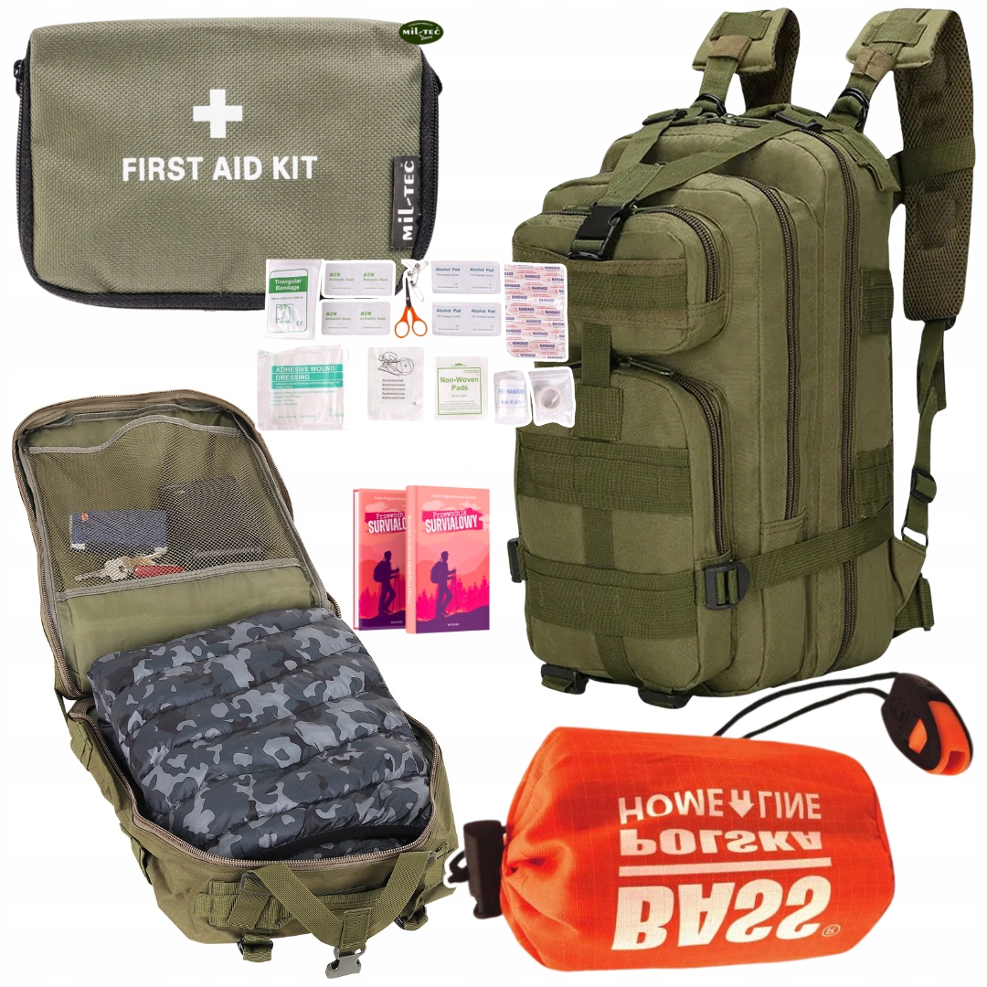 Wielofunkcyjny Zestaw 3w1 Plecak Khaki Militarny Apteczka Mini Śpiwór