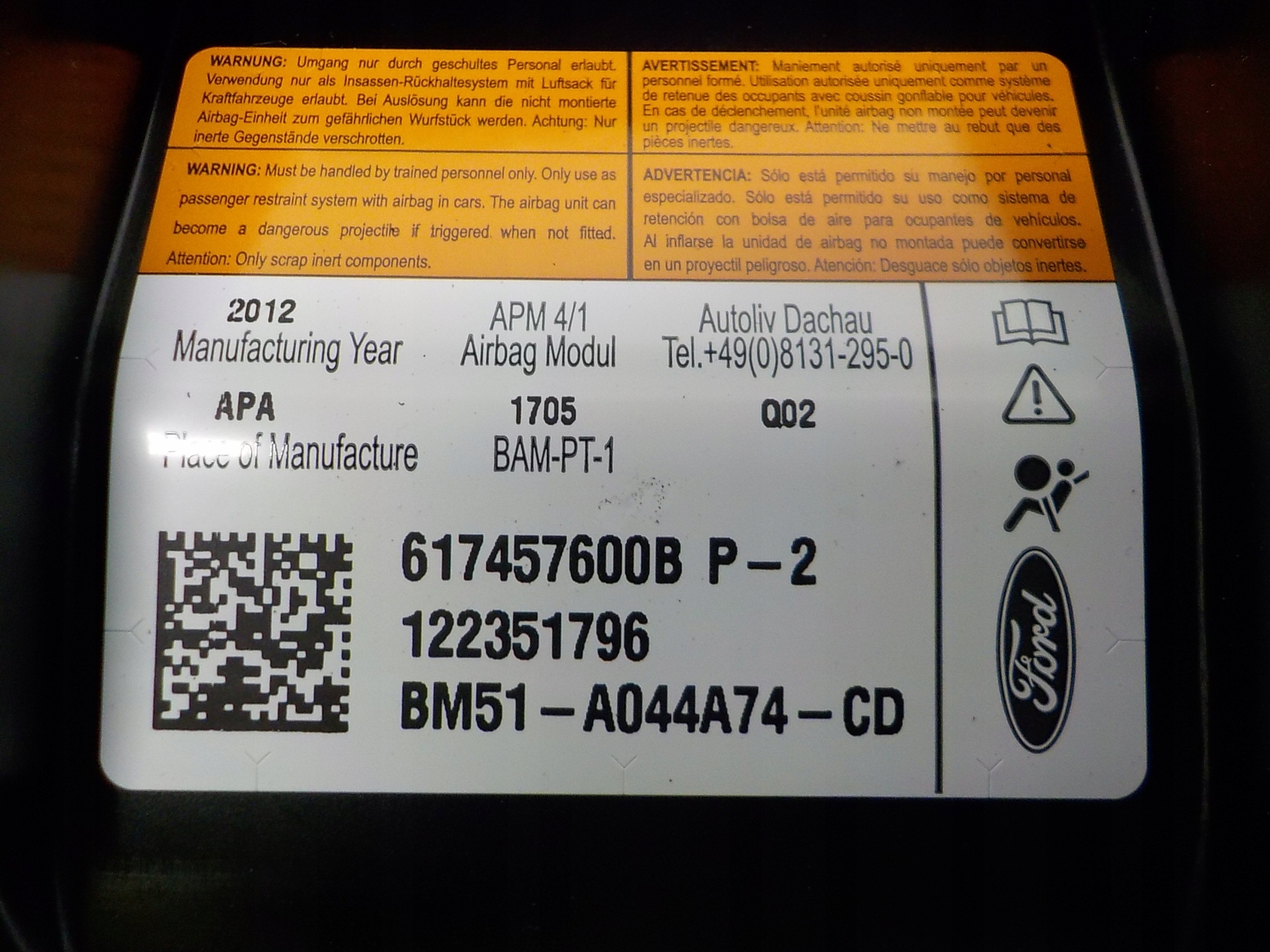 FORD FOCUS III MK3 passenger airbag AIR BAG BM51-A044A74-CD