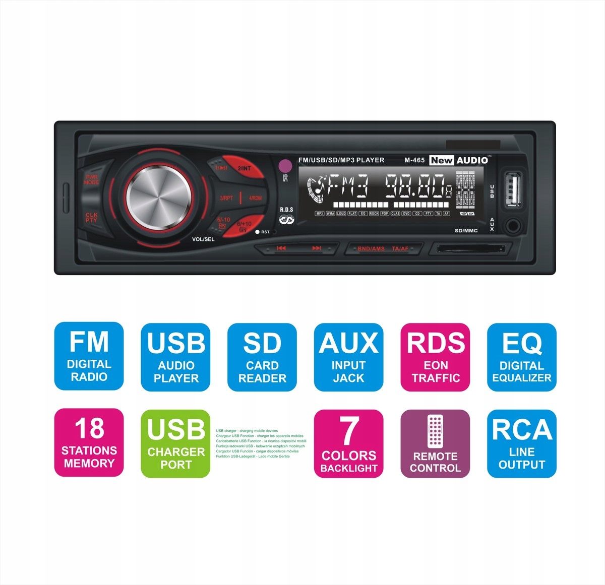 

Radio samochodowe Fm Usb /sd Rds +pilot M-465