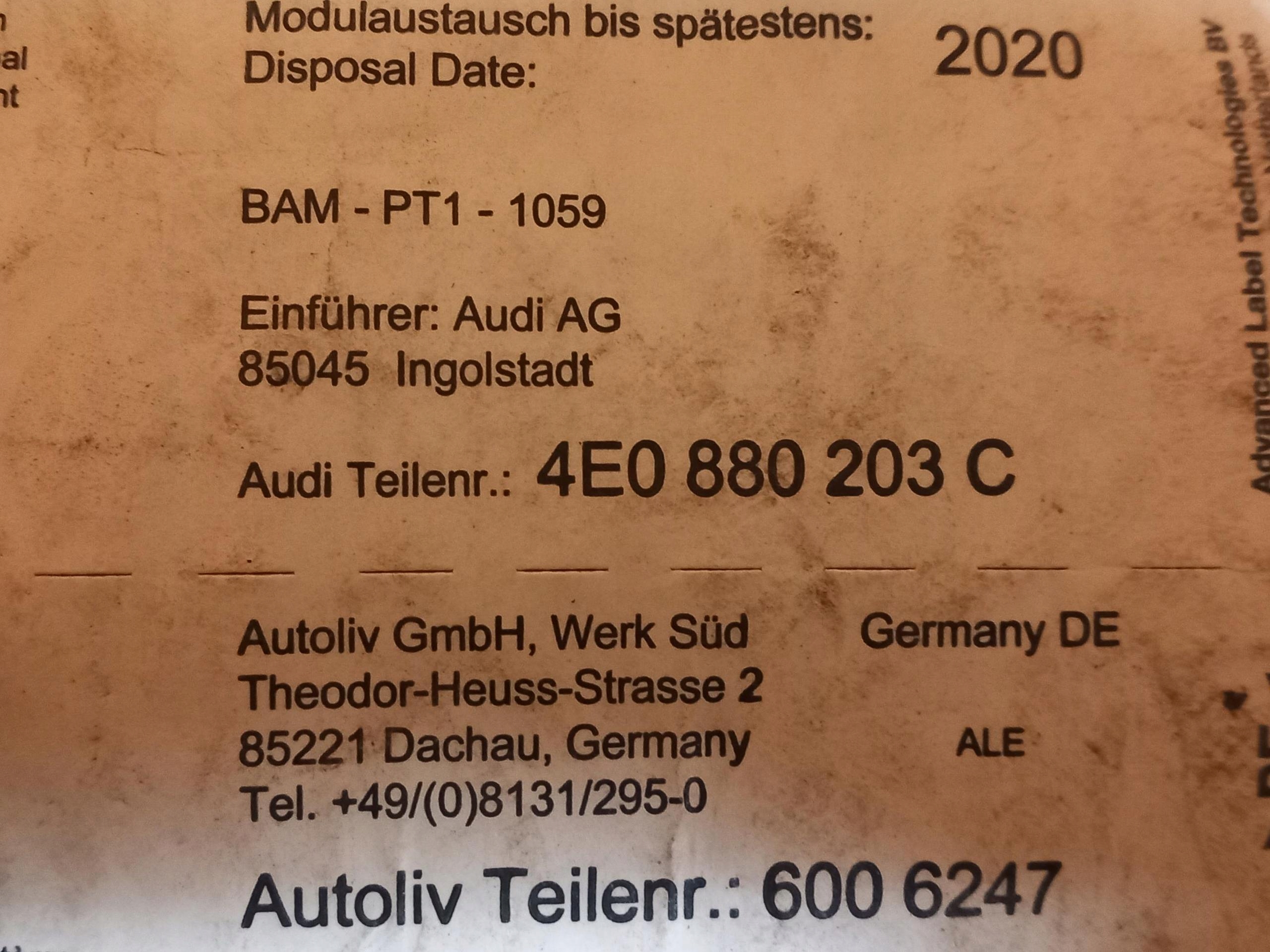 airbag passenger airbag AUDI A8 D3 4E0880203C 02-10