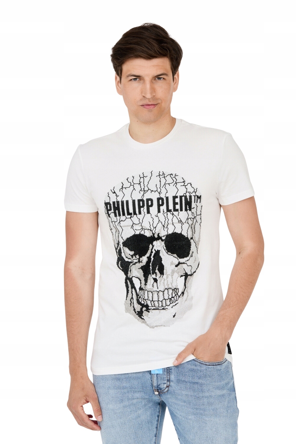 PHILIPP PLEIN Tričko biele s popraskanou lebkou XXL