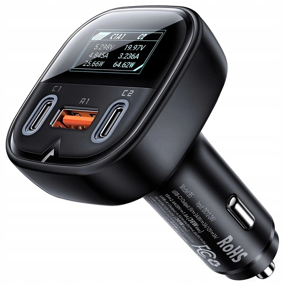 Acefast Ładowarka (B5) ładowarka samochodowa 2× Usb-c Usb 101 Oled czarna