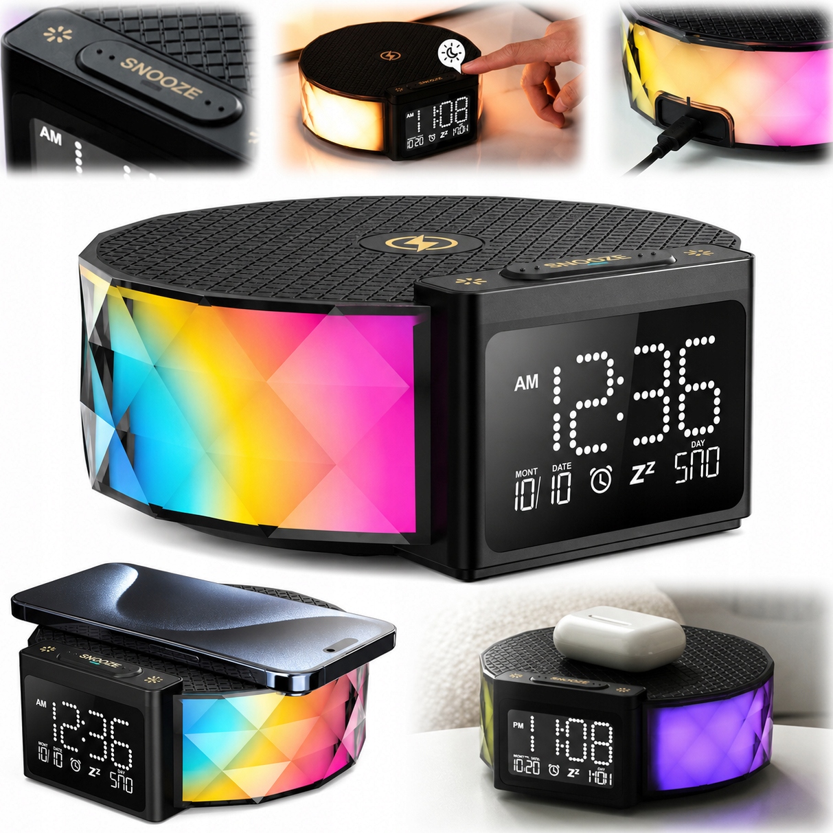 Zegar budzik Lampka nocna Led stołowa ładowarka indukcyjna Qi 15W Rgb