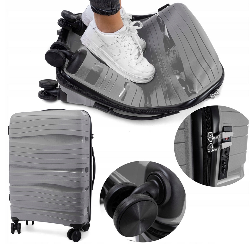 Walizka Średnia Mocna Podróżna Polipropylen Bagaż Na 4 Kółkach Szara Tsa