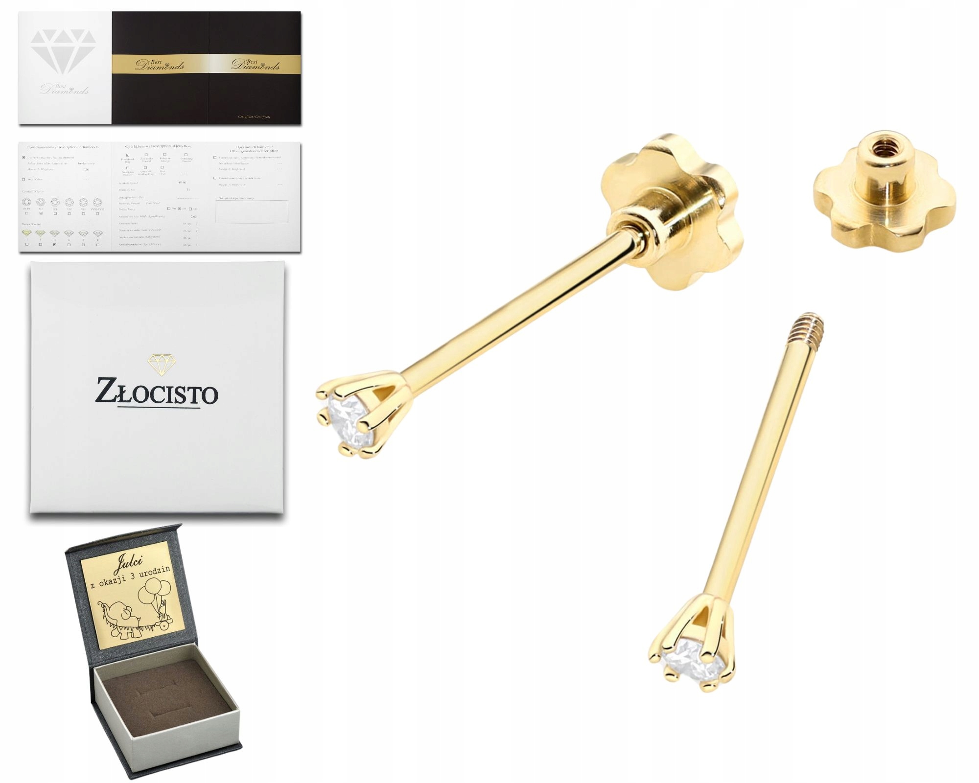 Zlaté Náušnice S Briliantem Na Šroubovací Tyči Zlato 585 Dárek Gravírování