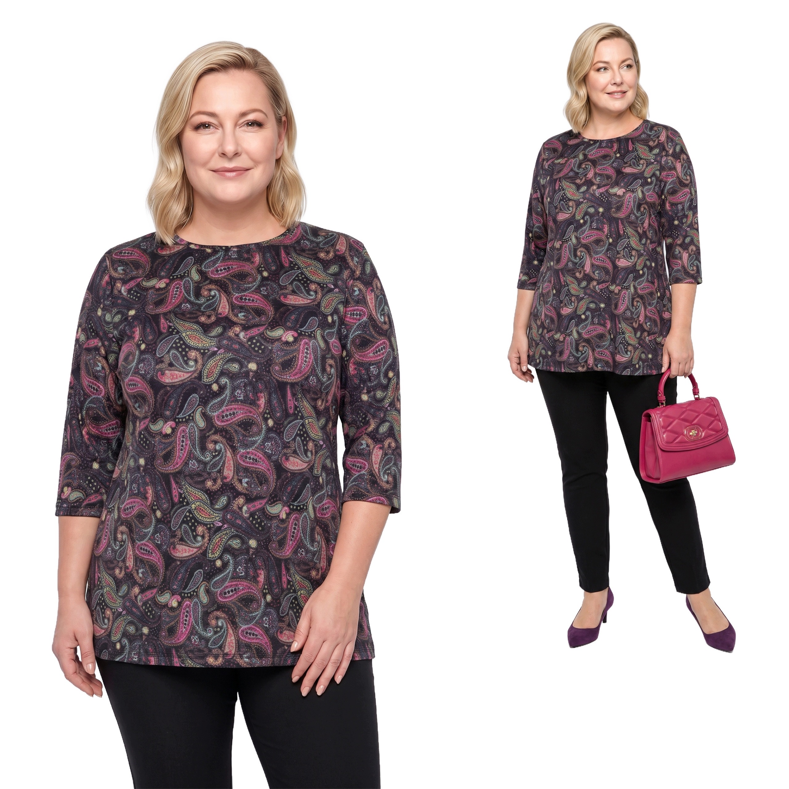 Teplá tunika s kapsami růžovo-zelené vzory plus size velikost 56/58