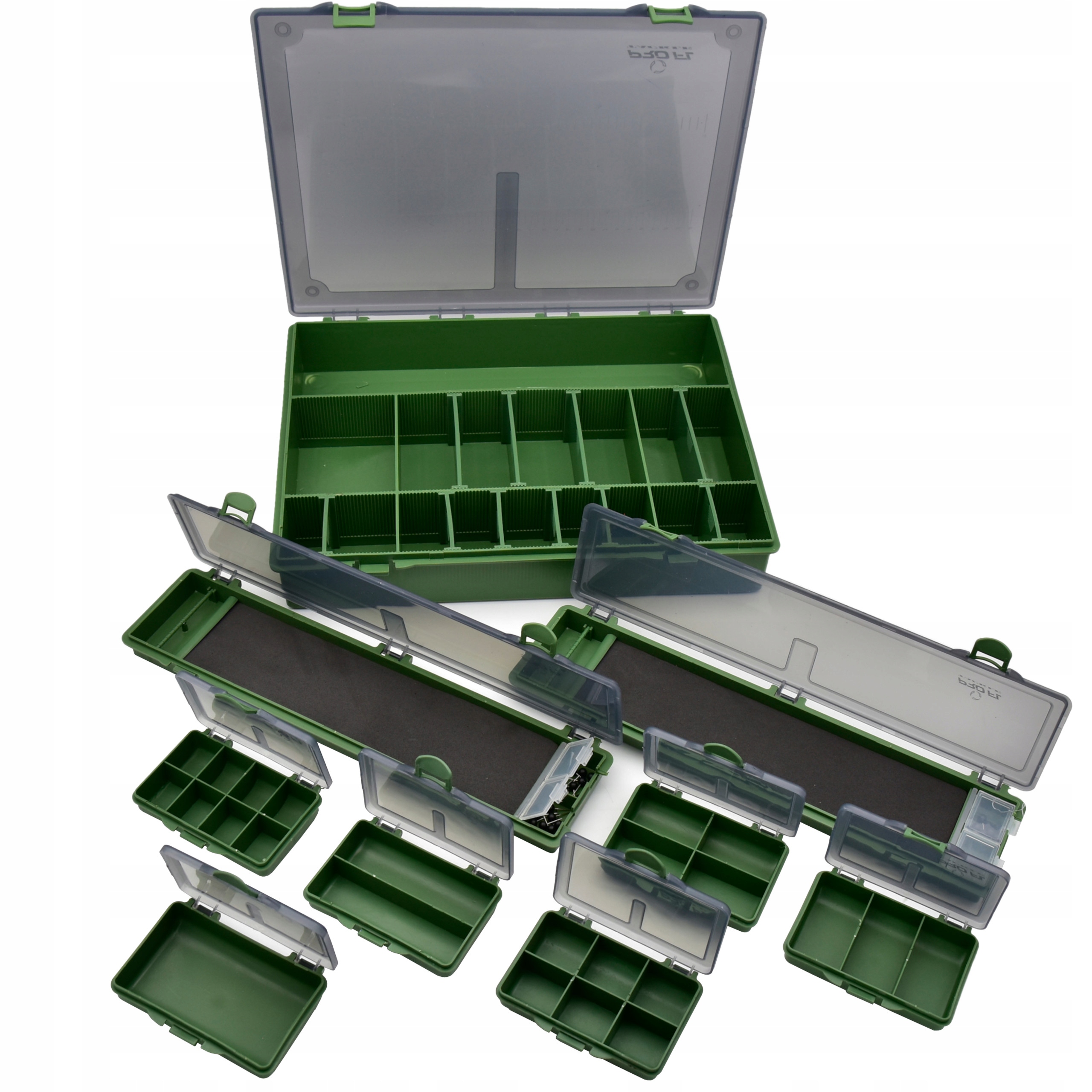 Zestaw pudełek wędkarskich skrzynka 2 portfele na przypony 6 małych boxów