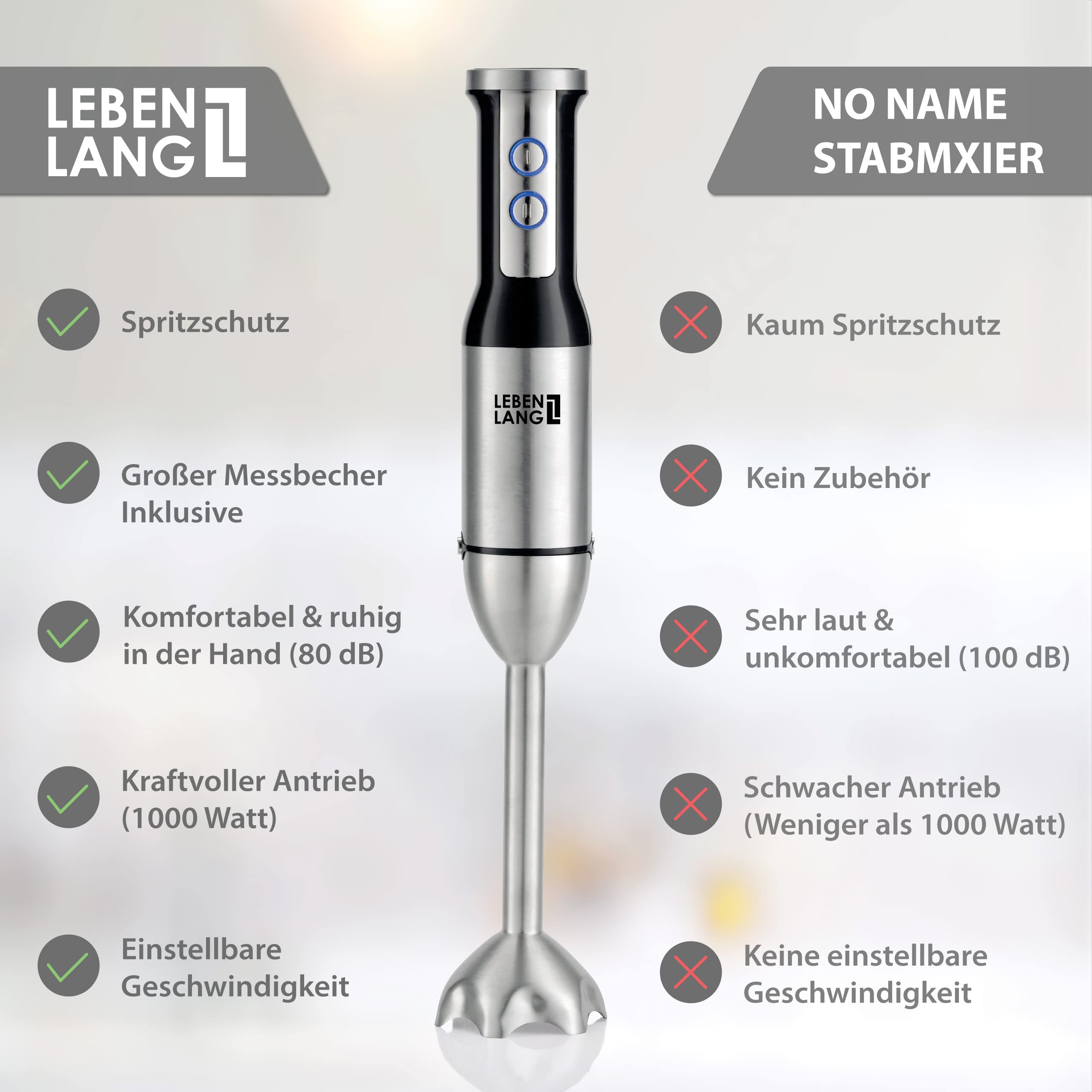 LEBENLANG Blender Ręczny 1000W Stal Nierdzewna 8 Prędkości Turbo — miniatura 4