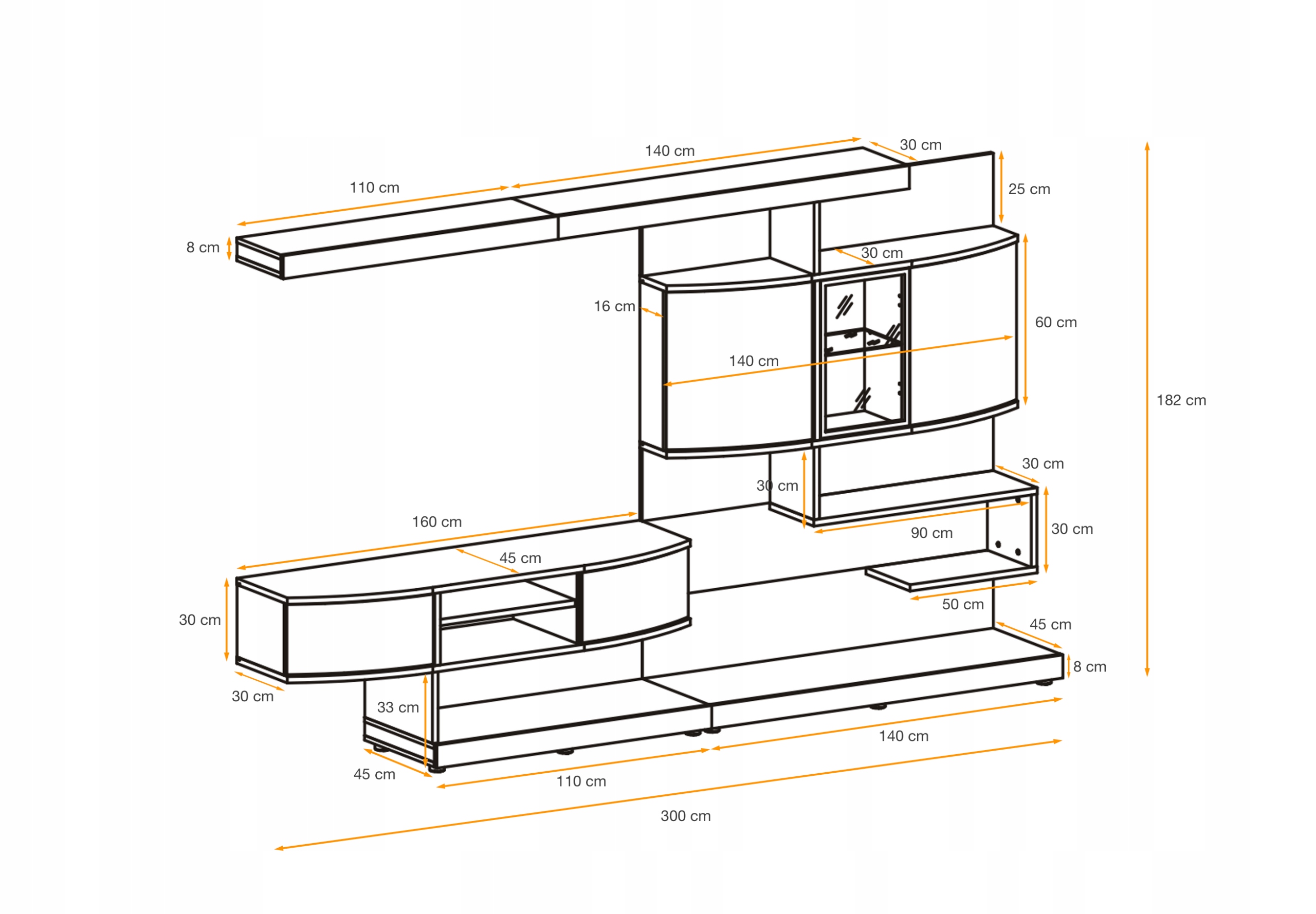 MEBLOŚCIANKA PALMO FRONTY GIĘTE PVC + LED Kolor frontów wielokolorowy