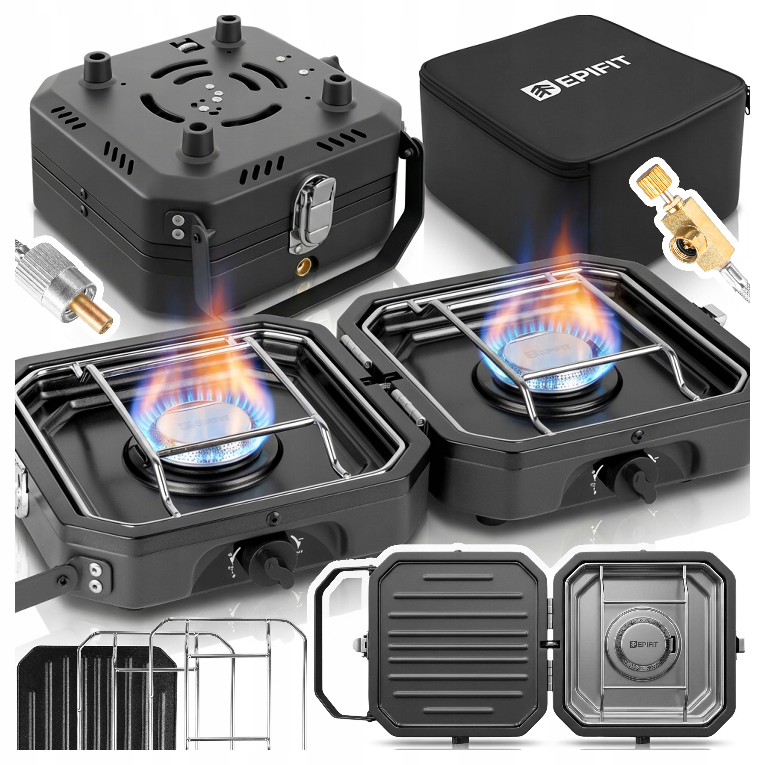 Plynový Turistický Vařič 2 Hořáky Skládací Grilovací Deska Pevný Kov