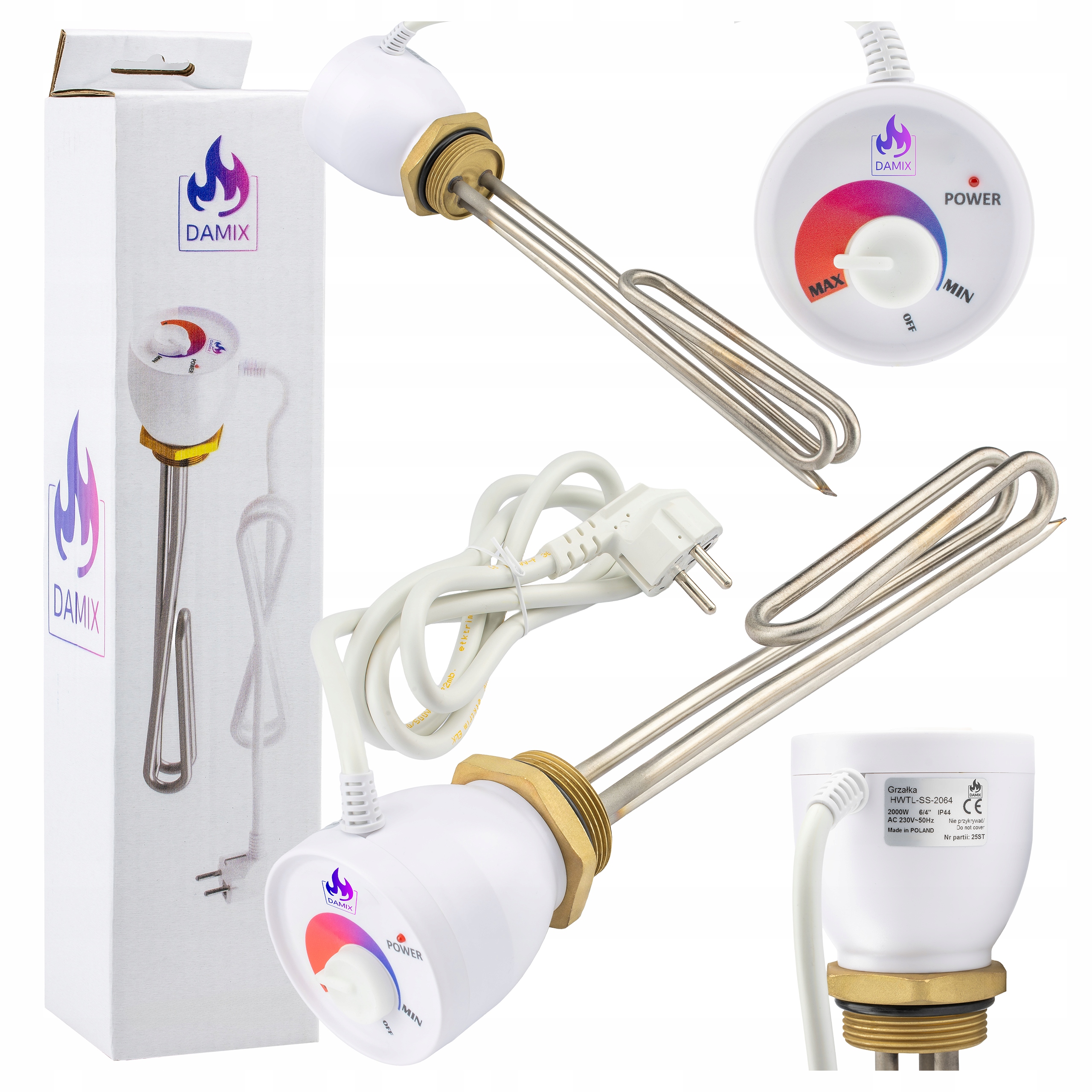 Grzałka Nierdzewna Do Bojlera Zbiorników Cwu 6/4'' 2000W 30-75°C Ac 230V