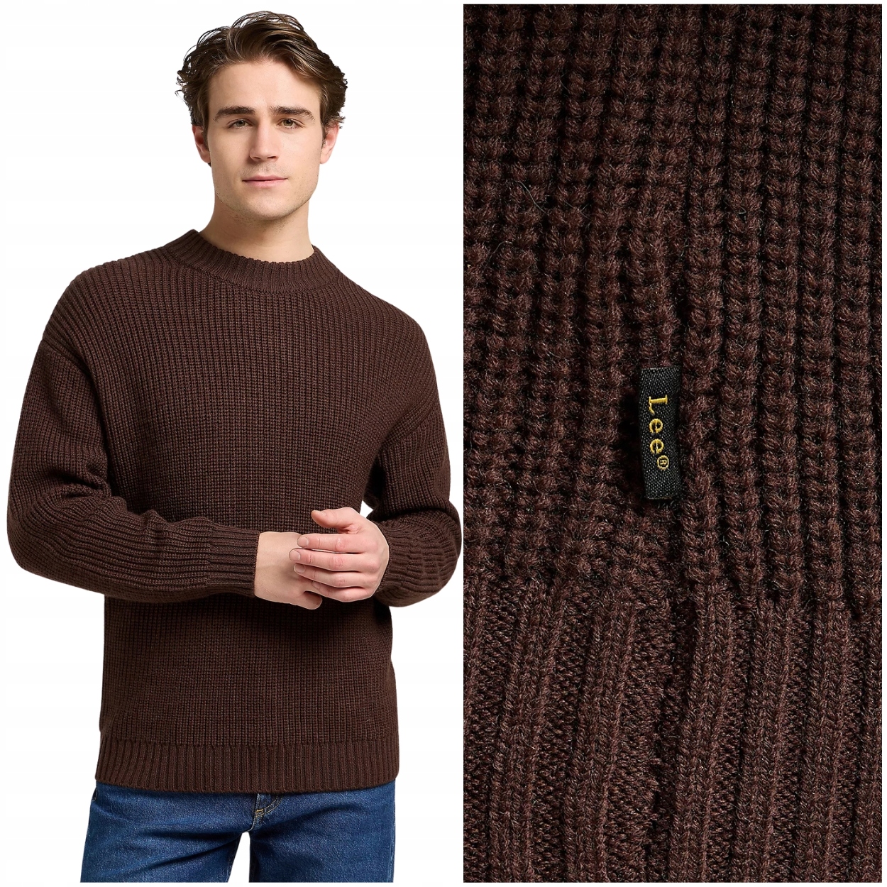 Lee Chunky Crew Neck Arabica silný volný hnědý vlněný pánský svetr S