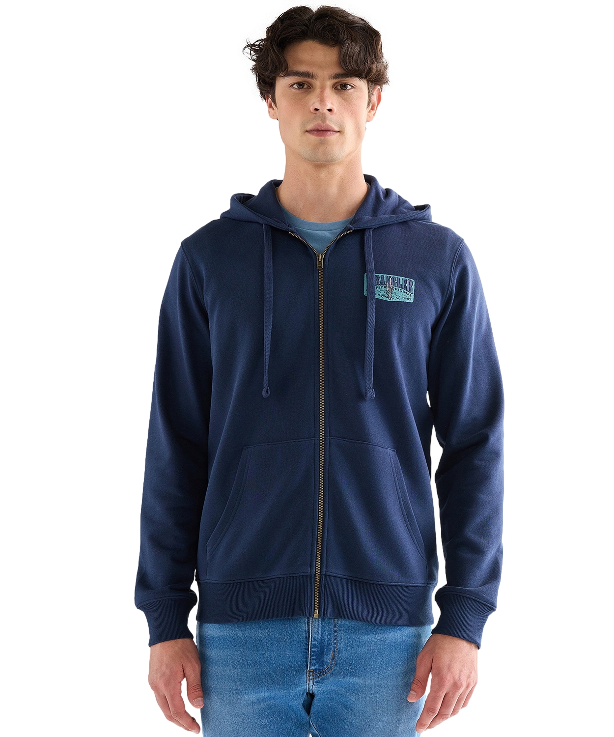 Mikina s kapucí Mikina Grafický Zip 112378987 Tmavě modrá Wrangler