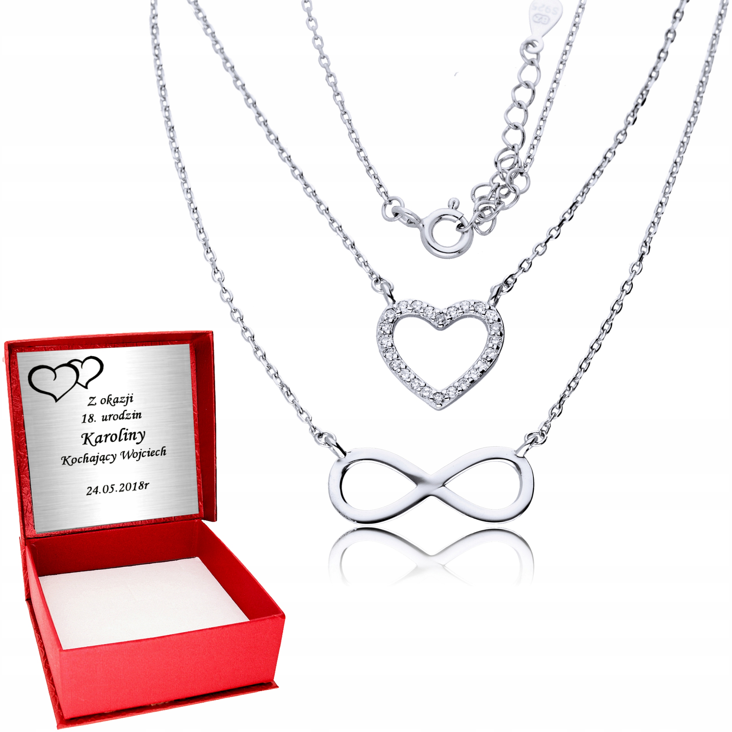 

Srebrny Naszyjnik 925 Nieskończoność Serce Grawer