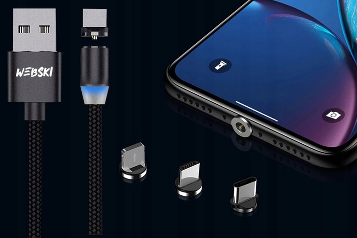 1M KABEL MAGNETYCZNY 3 RÓŻNE KOŃCÓWKI DO TELEFONU Kolor czarny