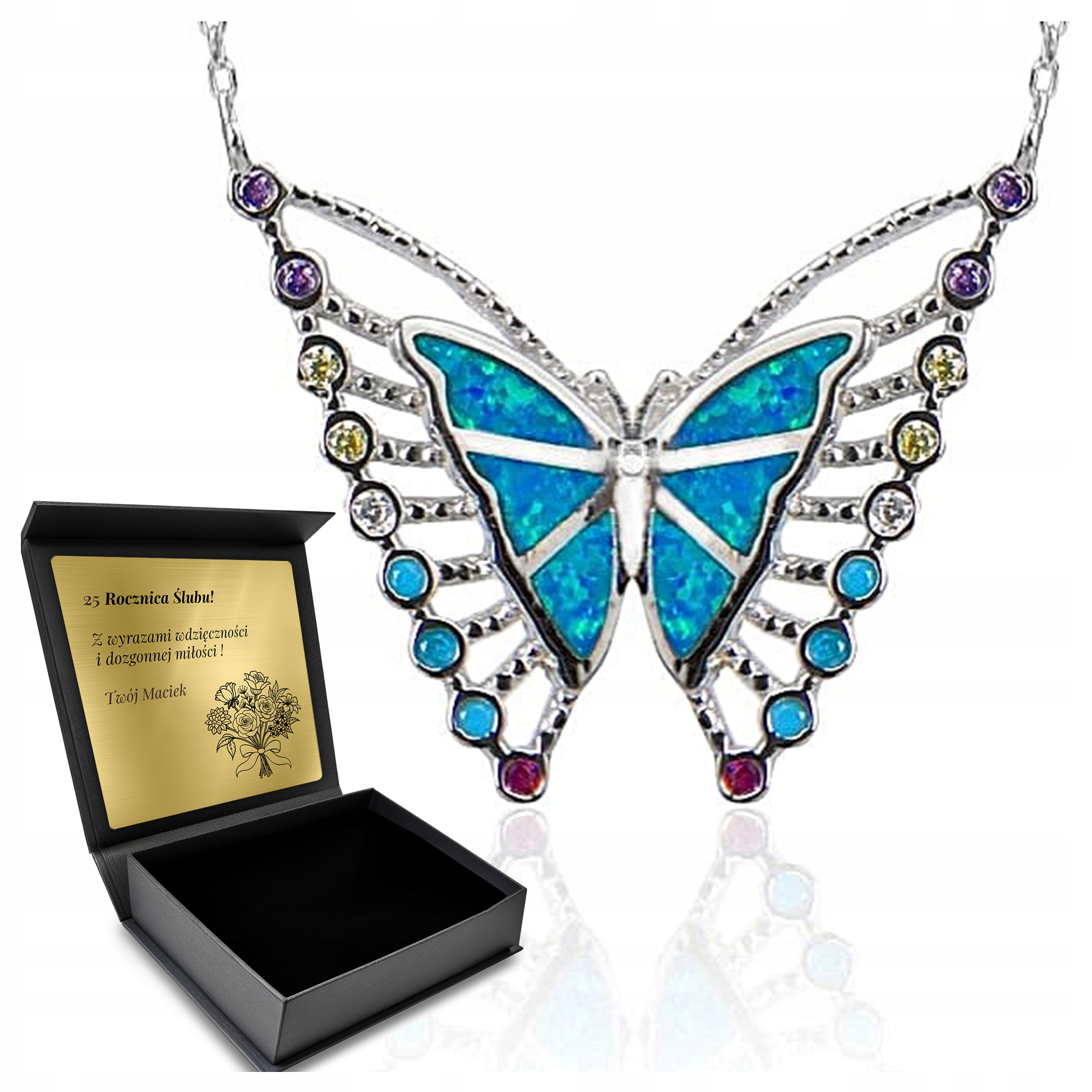 Stříbrný Náhrdelník 925 Zirkony Motýl Opál Dárek pro ženu S Gravírováním